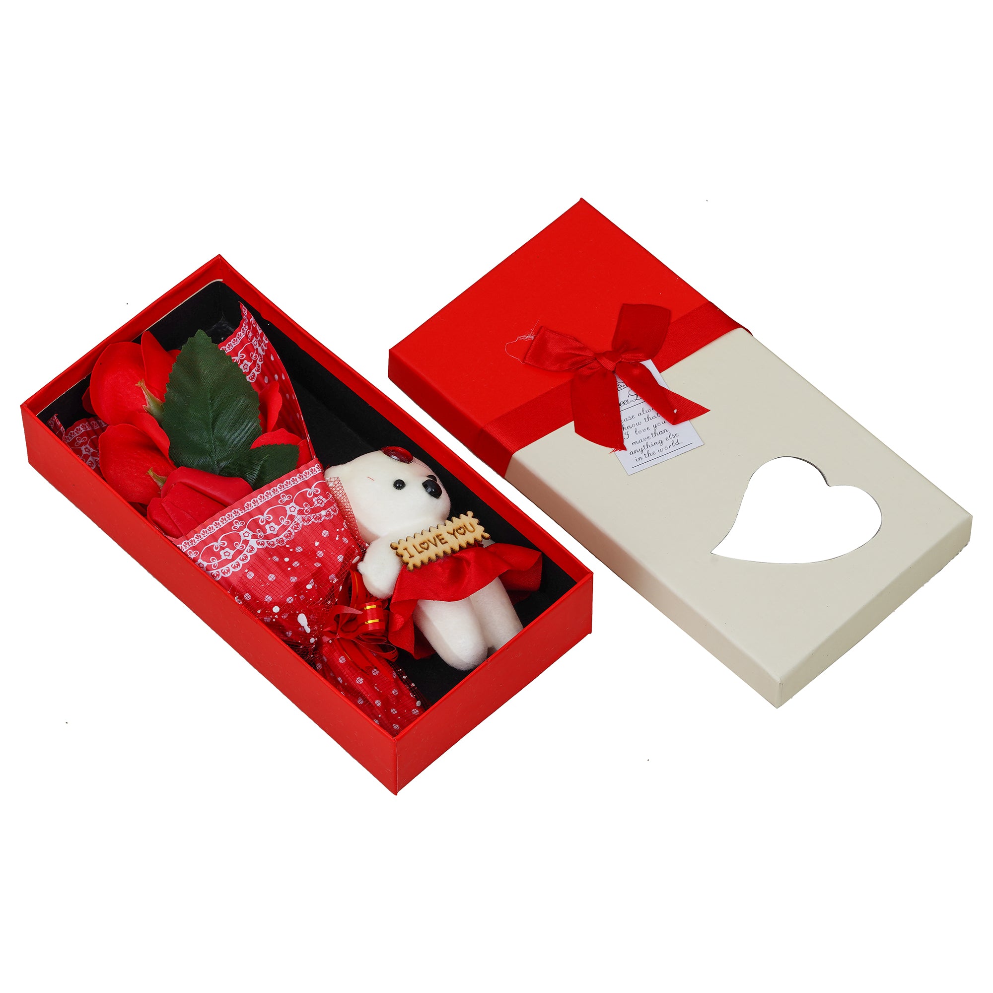 Red Roses Bouquet and White & Red Teddy Bear Valentine's Rectangle Shaped Gift Box 2