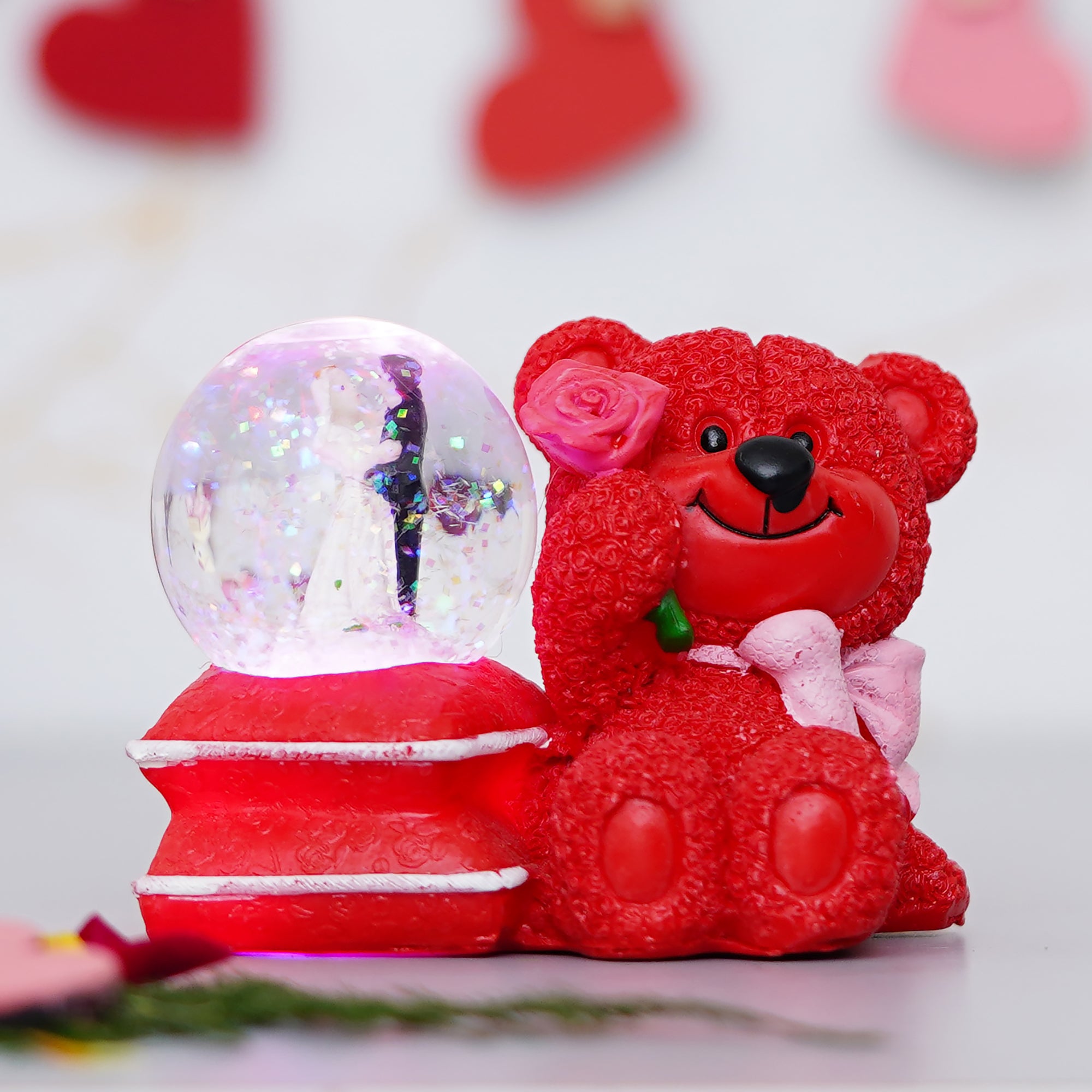Valentine Combo of Golden Red Rose Gift Set, Red Teddy Bear, Couple Snow Globe with Light 3