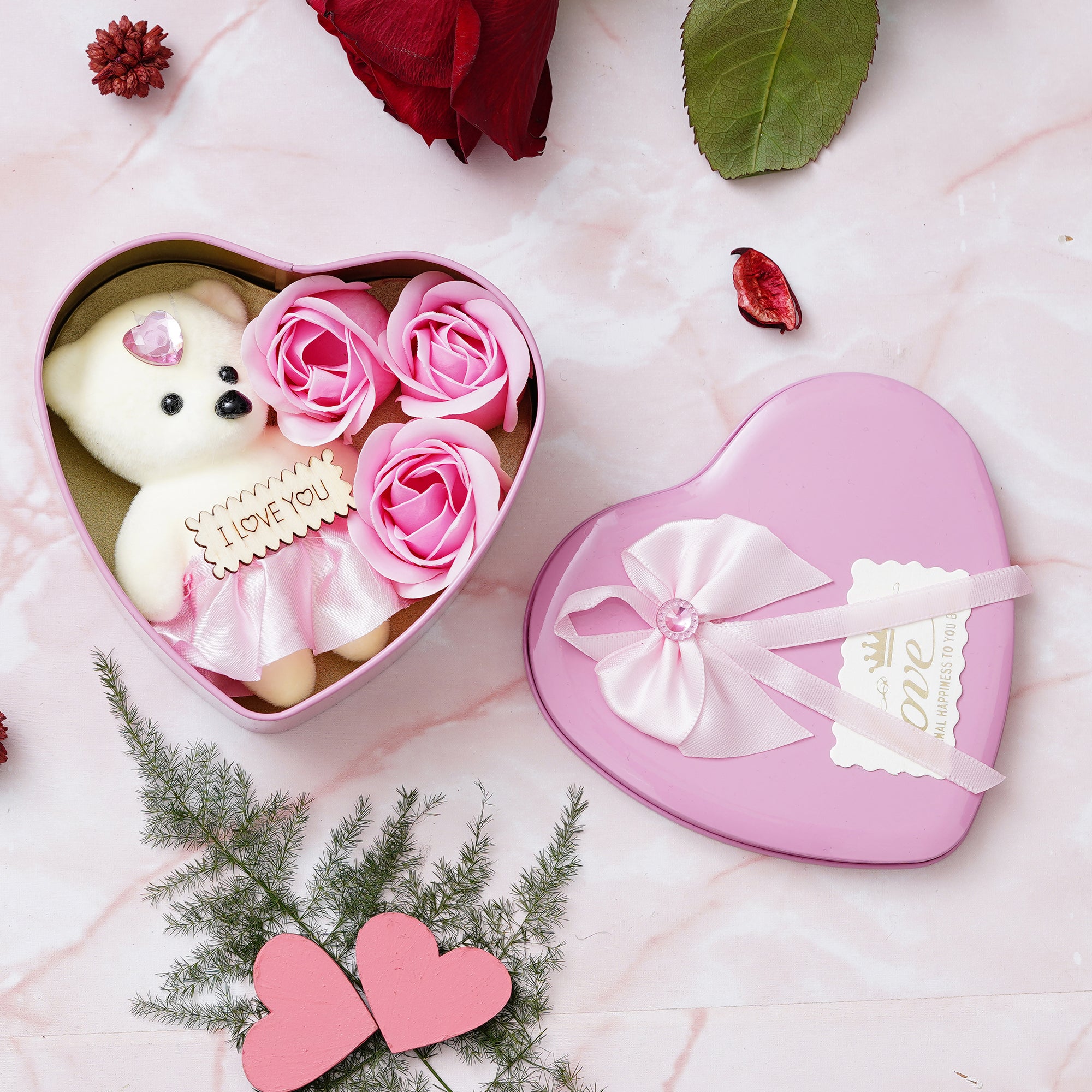 Valentine Combo of Card, "20 Reasons Why I Love You" Printed on Little Red Hearts Decorative Wooden Gift Set Box, Pink Heart Shaped Gift Box with Teddy and Roses 5