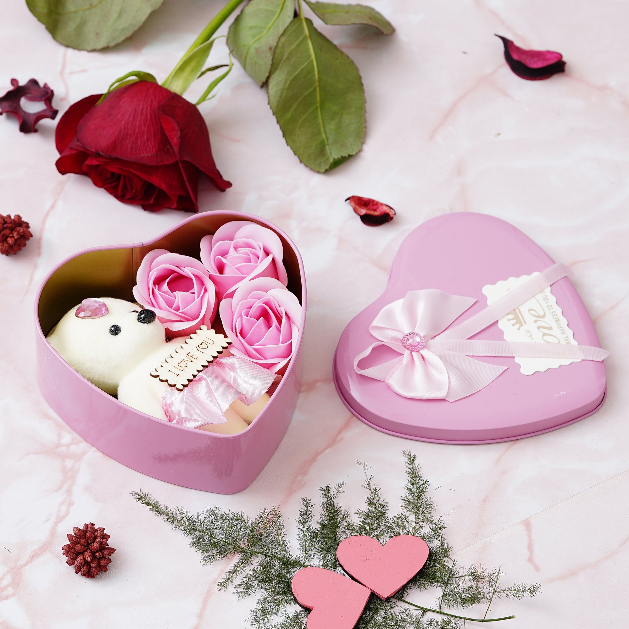 Pink Heart Shaped Gift Box with 3 Pink Roses, Teddy Bear and a Card 6