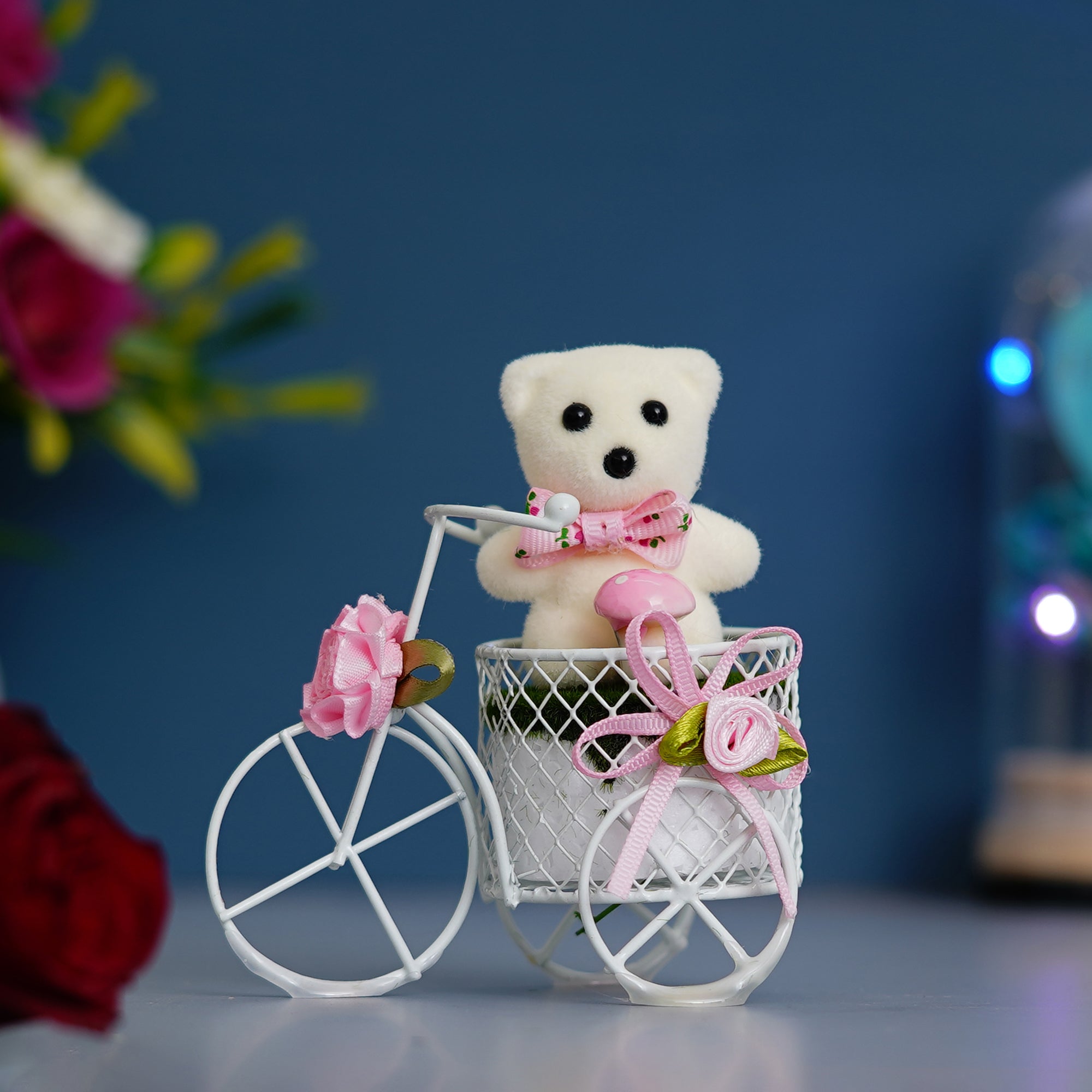 Valentine Combo of Colorful Sweet Love Girl & Boy Figurine, White Cycle with Teddy Bear and Rose Petals Gift Box 3