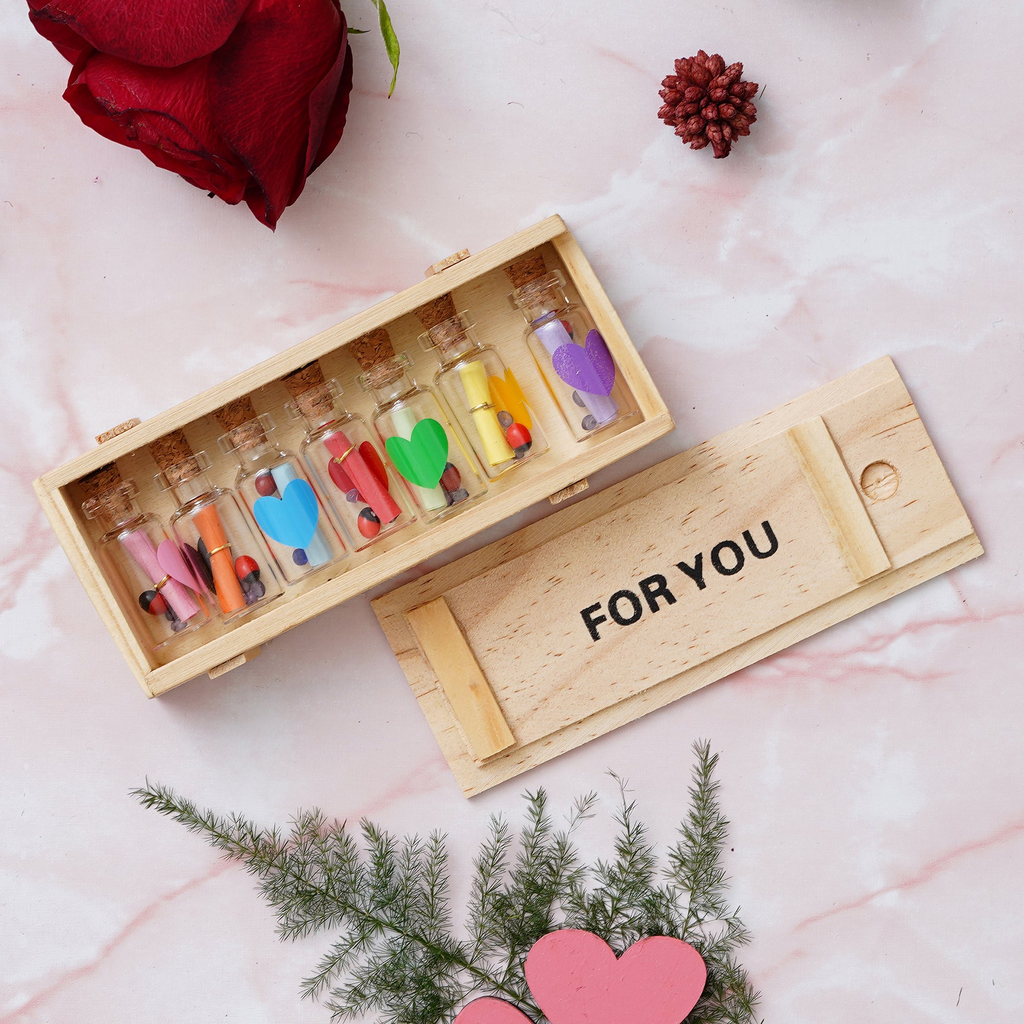 Valentine Combo of Pack of 8 Love Gift Cards, Red Gift Box with Teddy & Roses, Wooden Box "For You" Message Bottle Set 5