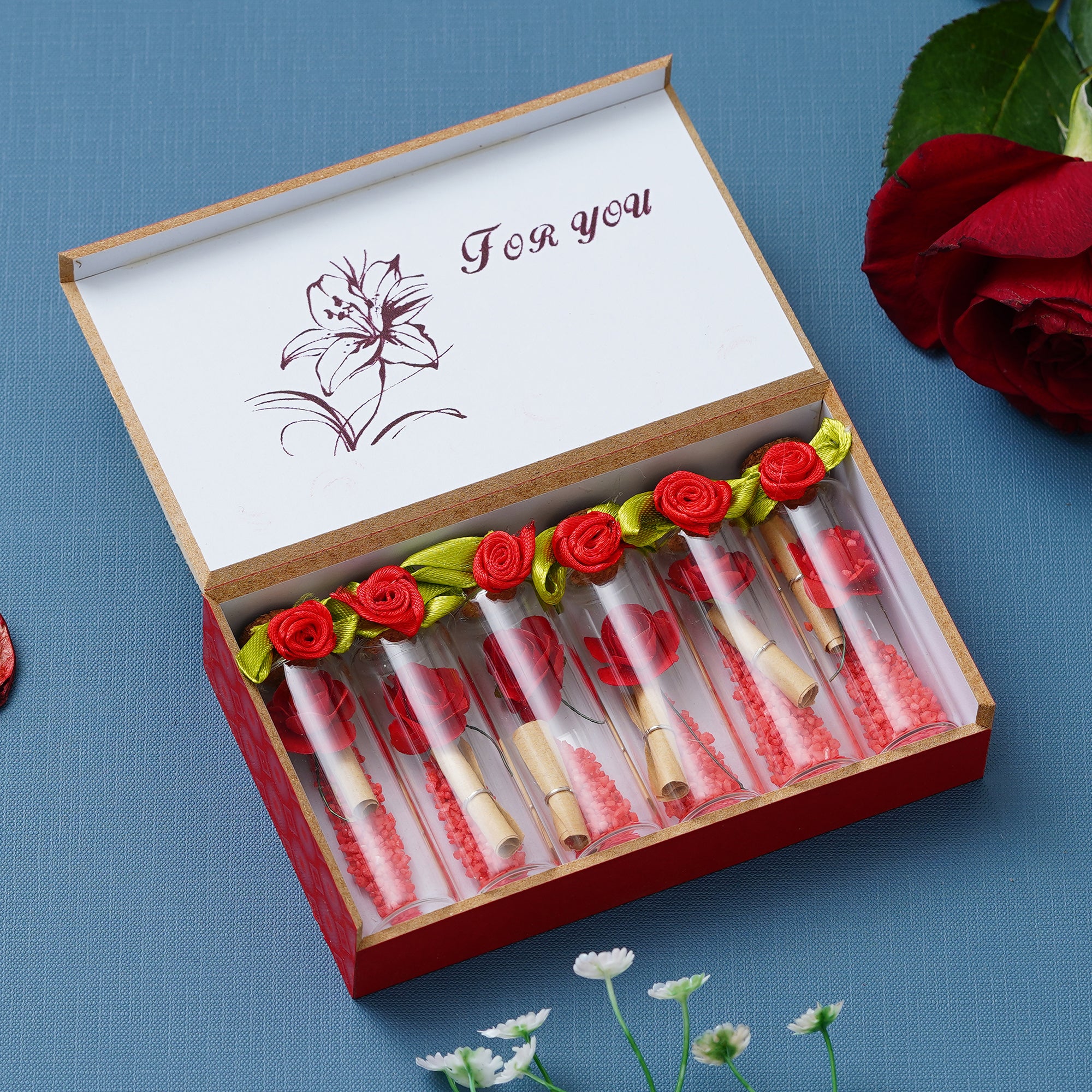 Valentine Combo of Pack of 8 Love Gift Cards, Golden Rose Gift Set, Red Message Bottle Wooden Box Set 5