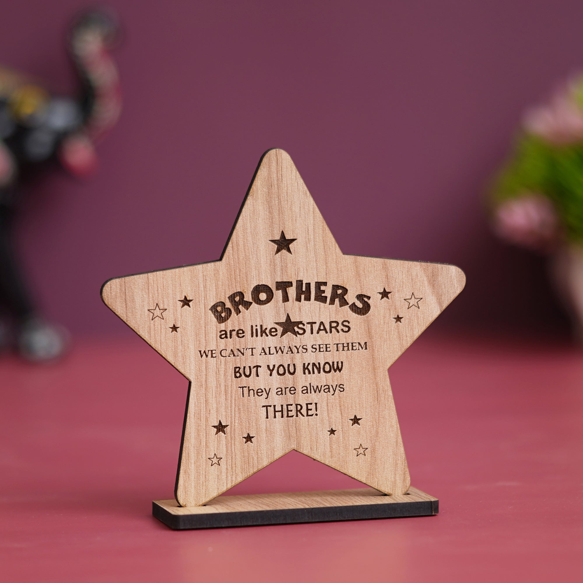 eCraftIndia Brown Wooden Star Design "Brothers are like stars, we can't always see them but you know they are always there!" Decorative Showpiece Gift
