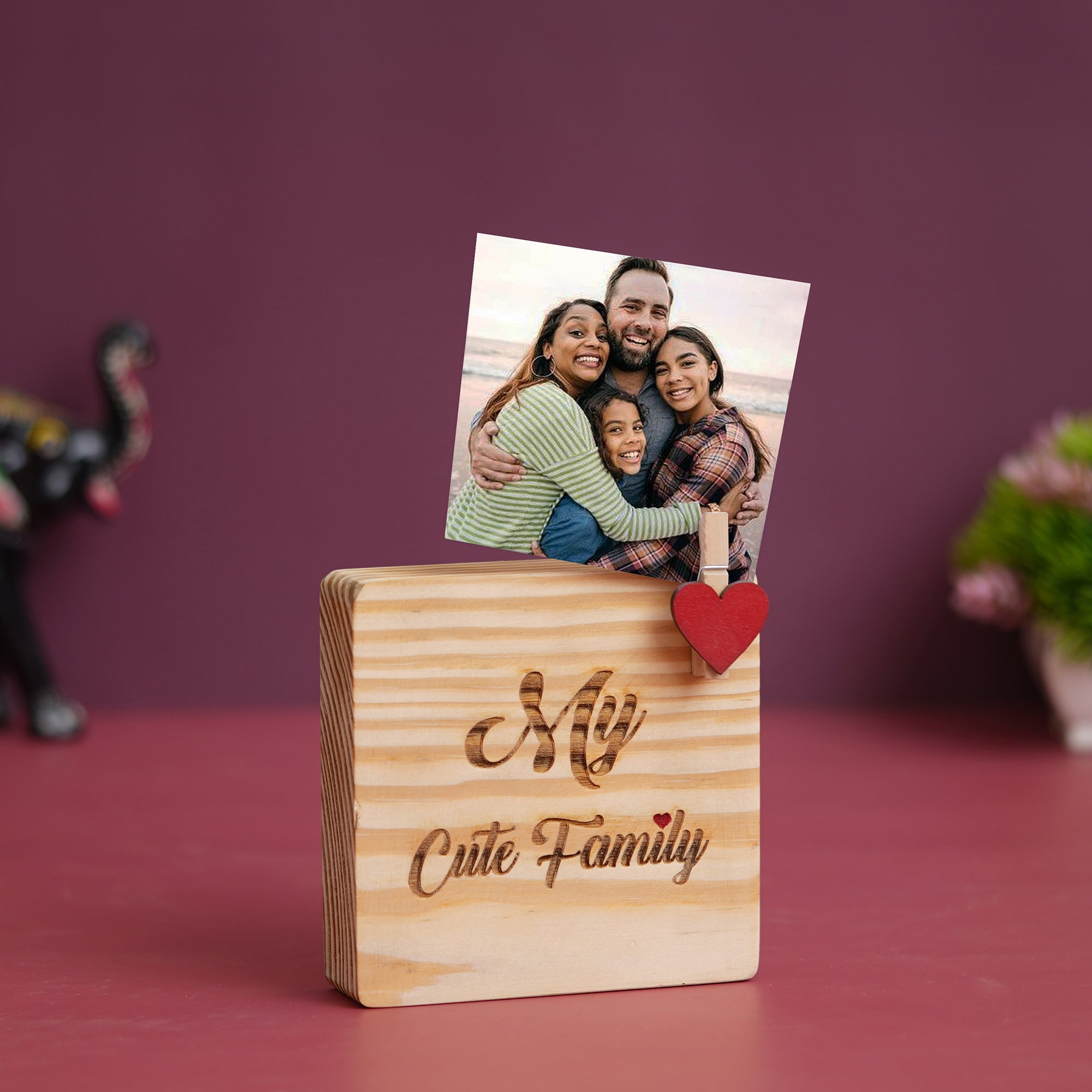 eCraftIndia Light Brown With Red Heart "My Cute Family" Wooden Photo Frame Showpiece Gift