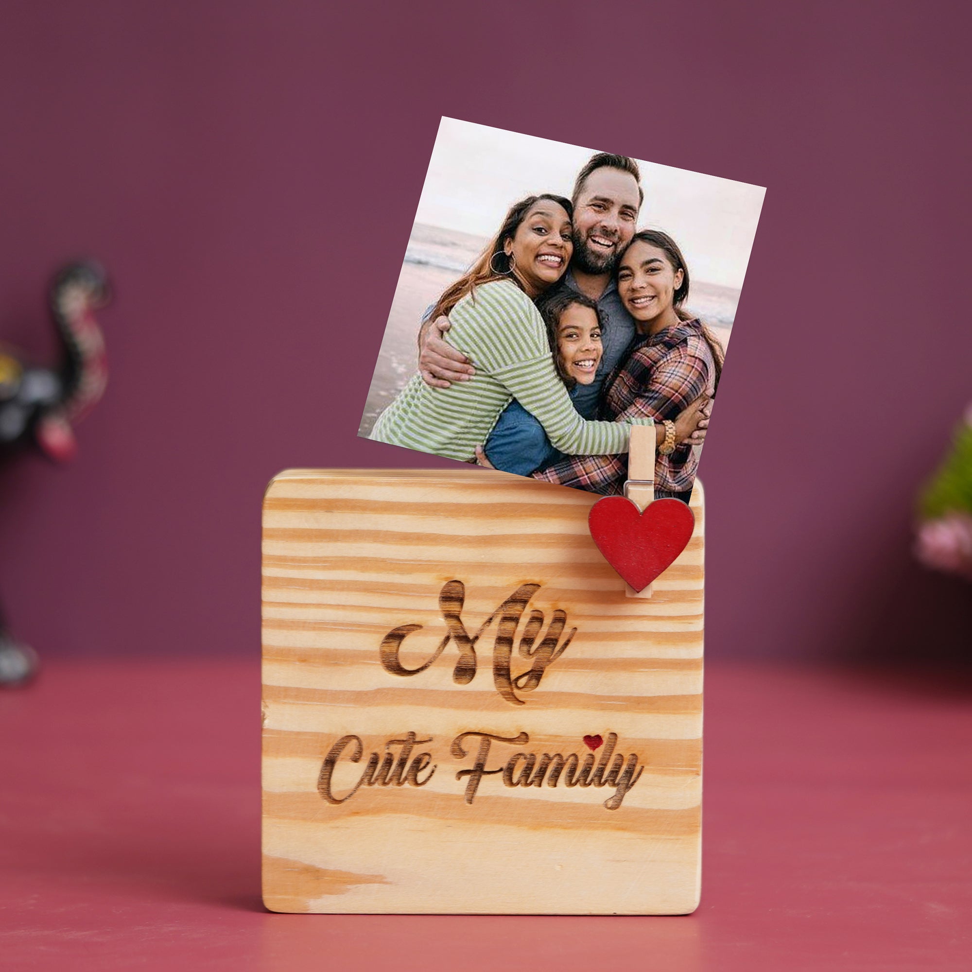 eCraftIndia Light Brown With Red Heart "My Cute Family" Wooden Photo Frame Showpiece Gift 1