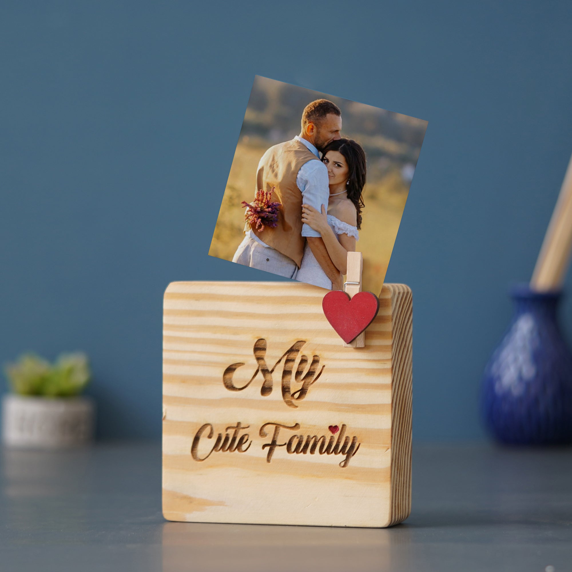 eCraftIndia Light Brown With Red Heart "My Cute Family" Wooden Photo Frame Showpiece Gift 4