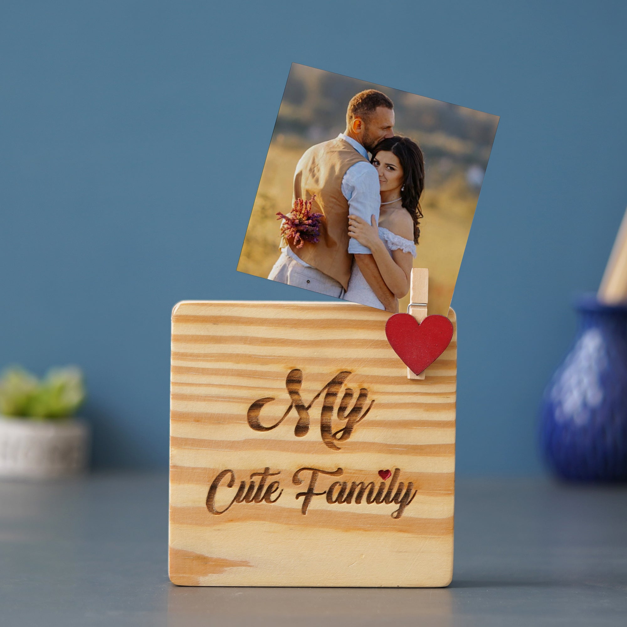 eCraftIndia Light Brown With Red Heart "My Cute Family" Wooden Photo Frame Showpiece Gift 5