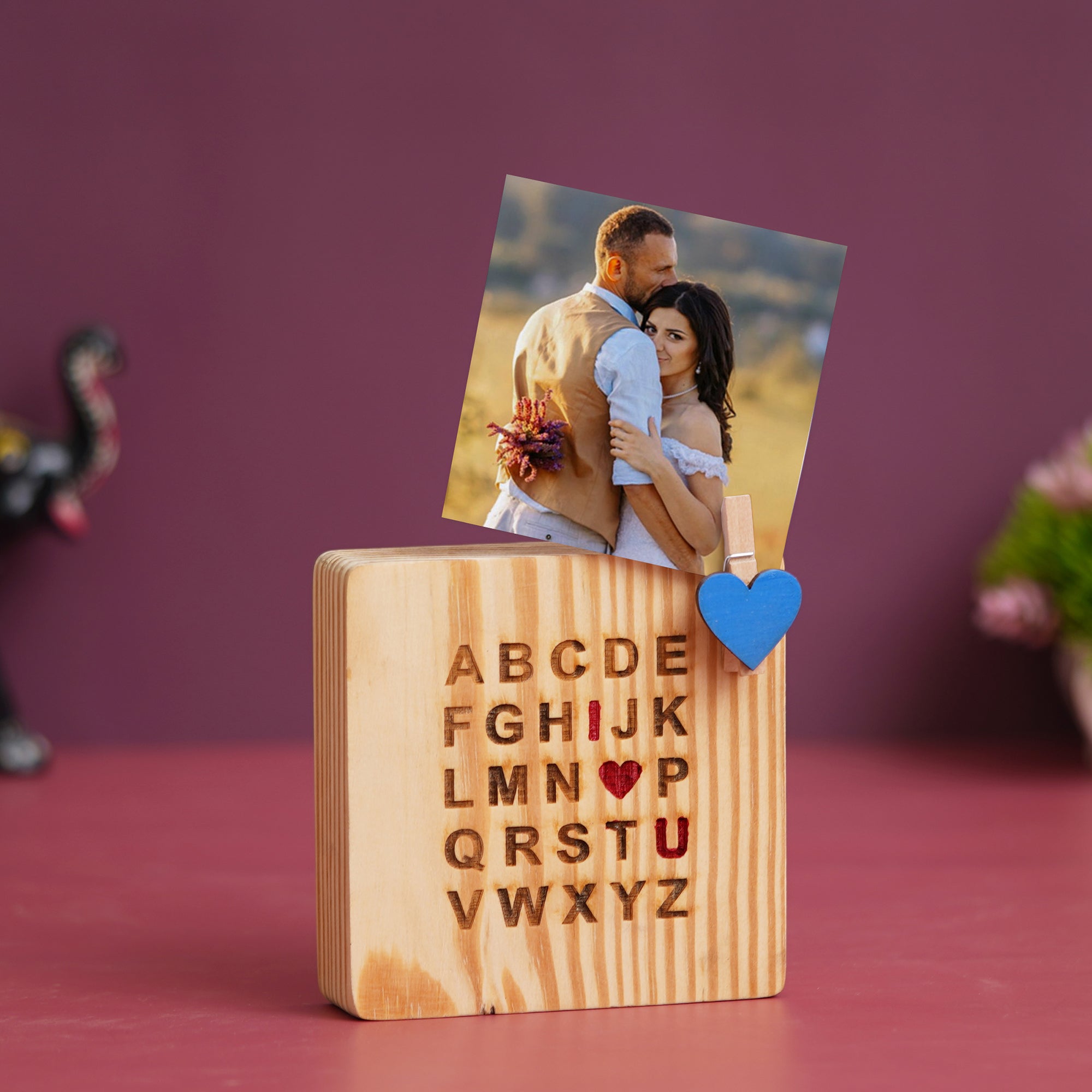 eCraftIndia Light Brown and Blue Heart "Alphabet with I Love You" Personalized Wooden Photo Frame Showpiece Gift