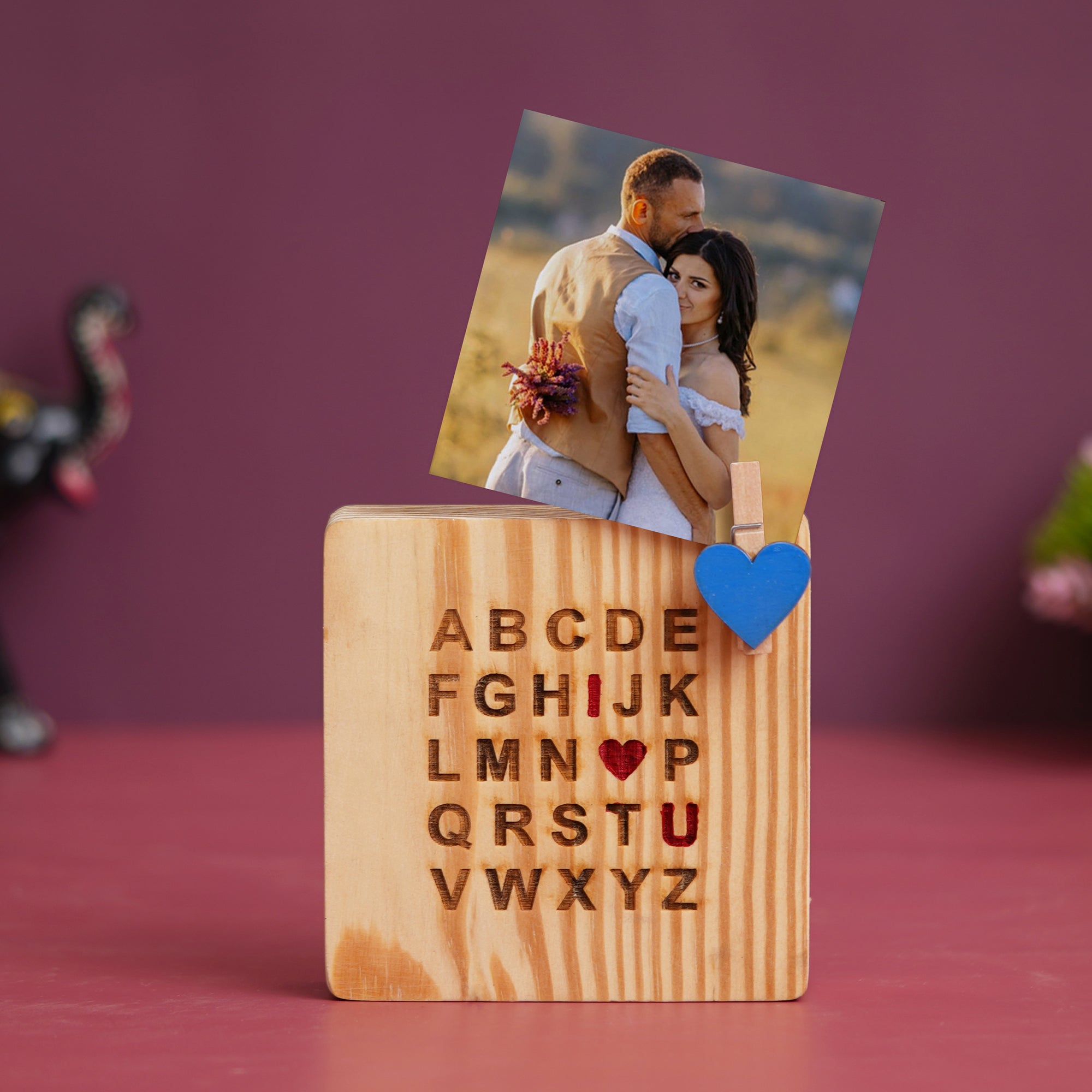 eCraftIndia Light Brown and Blue Heart "Alphabet with I Love You" Personalized Wooden Photo Frame Showpiece Gift 1