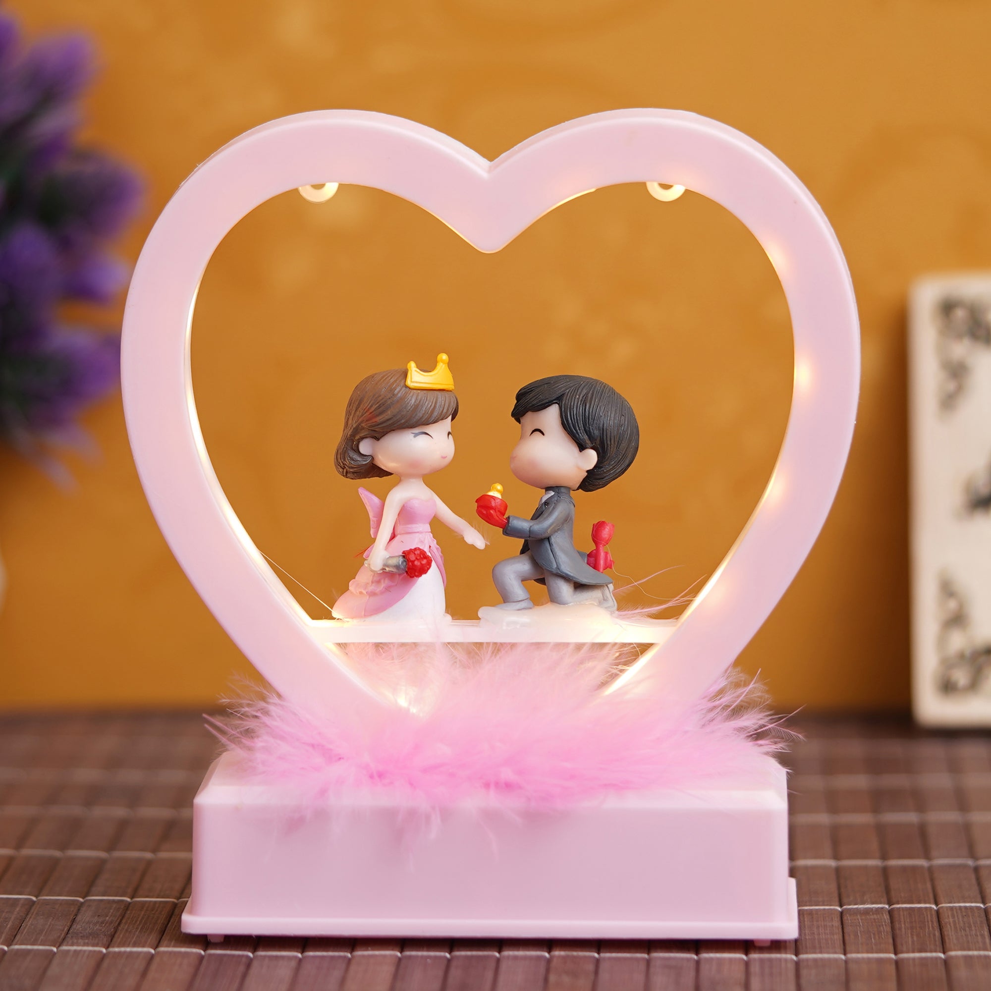 eCraftIndia Pink Couple Figurine Led Light Heart Showpiece to Propose Your Love