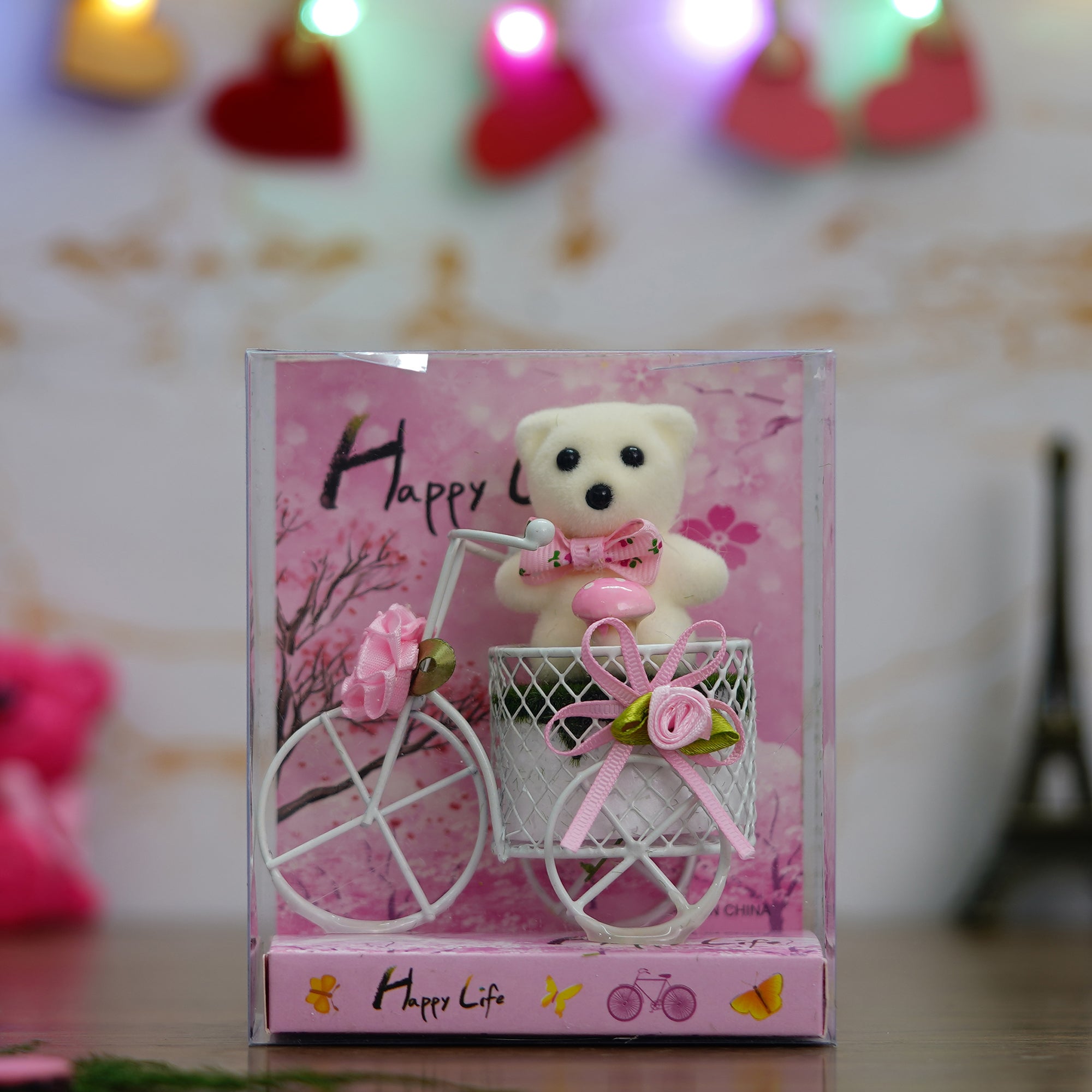 White Cycle with Teddy Bear and Rose Petals Gift Box 2