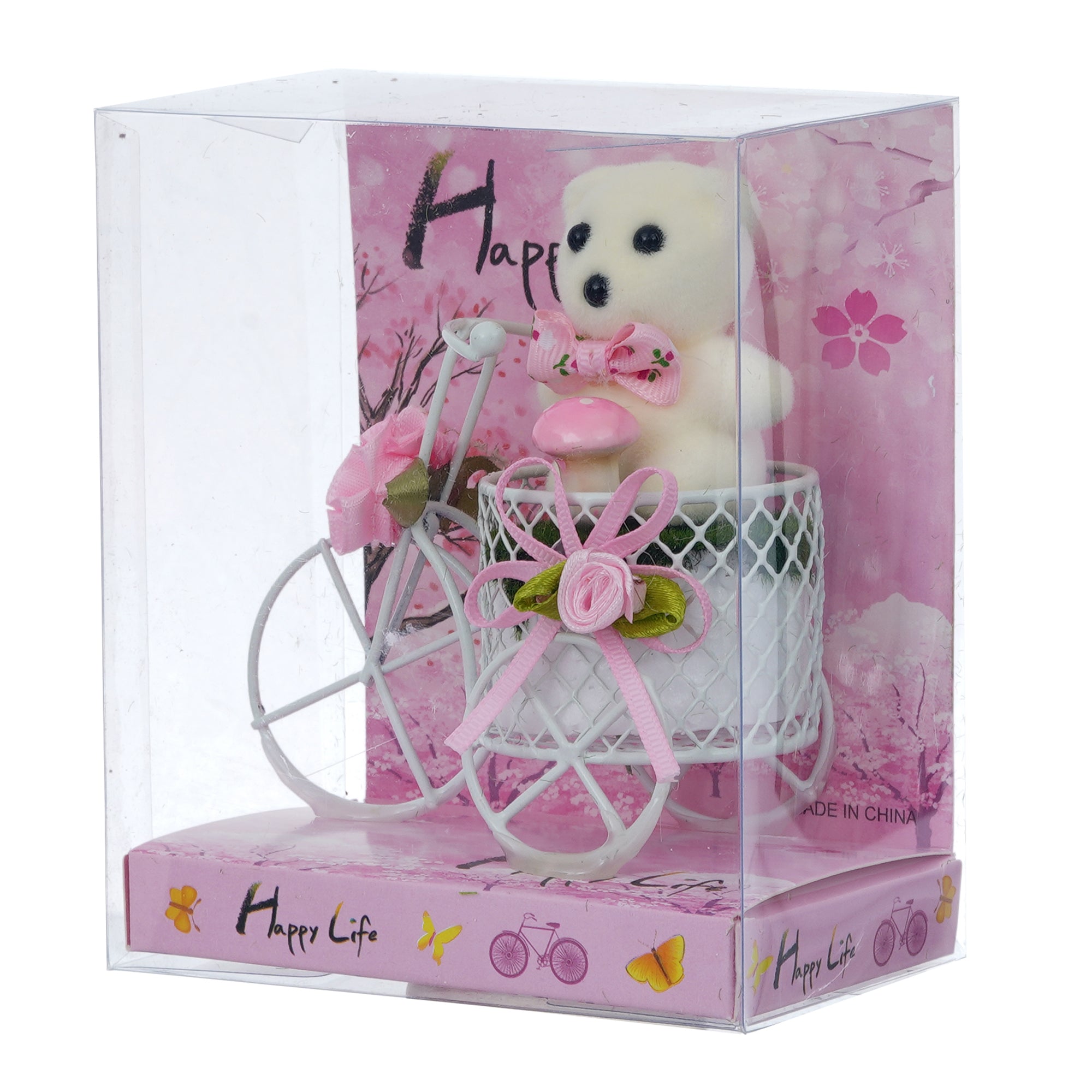 White Cycle with Teddy Bear and Rose Petals Gift Box 6