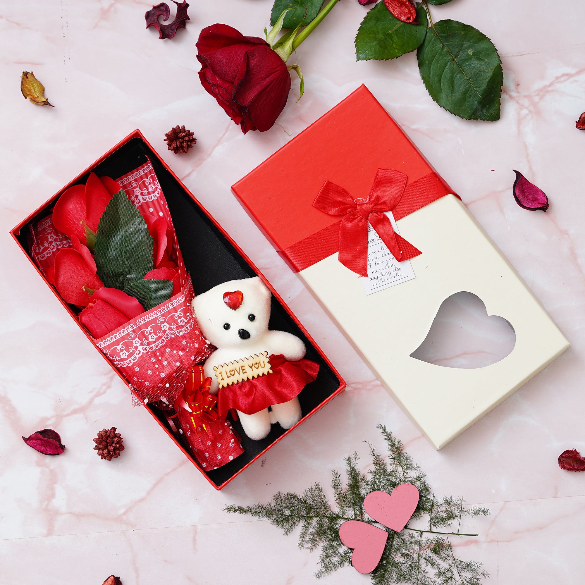 Red Roses Bouqet and White & Red Teddy Bear Valentine's Square Shaped Gift Box
