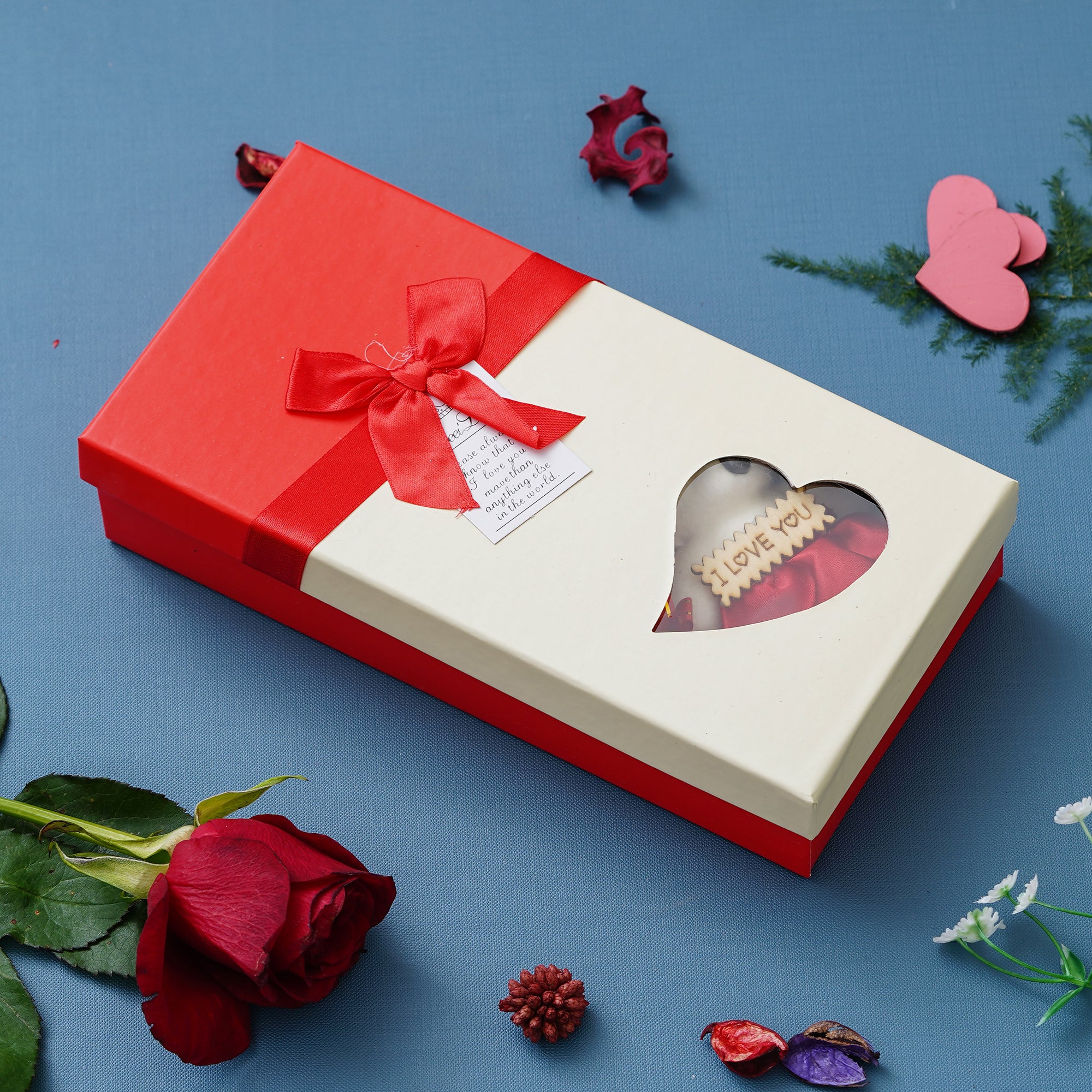 Red Roses Bouqet with White & Red Teddy Bear Valentine's Square Shaped Gift Box 1