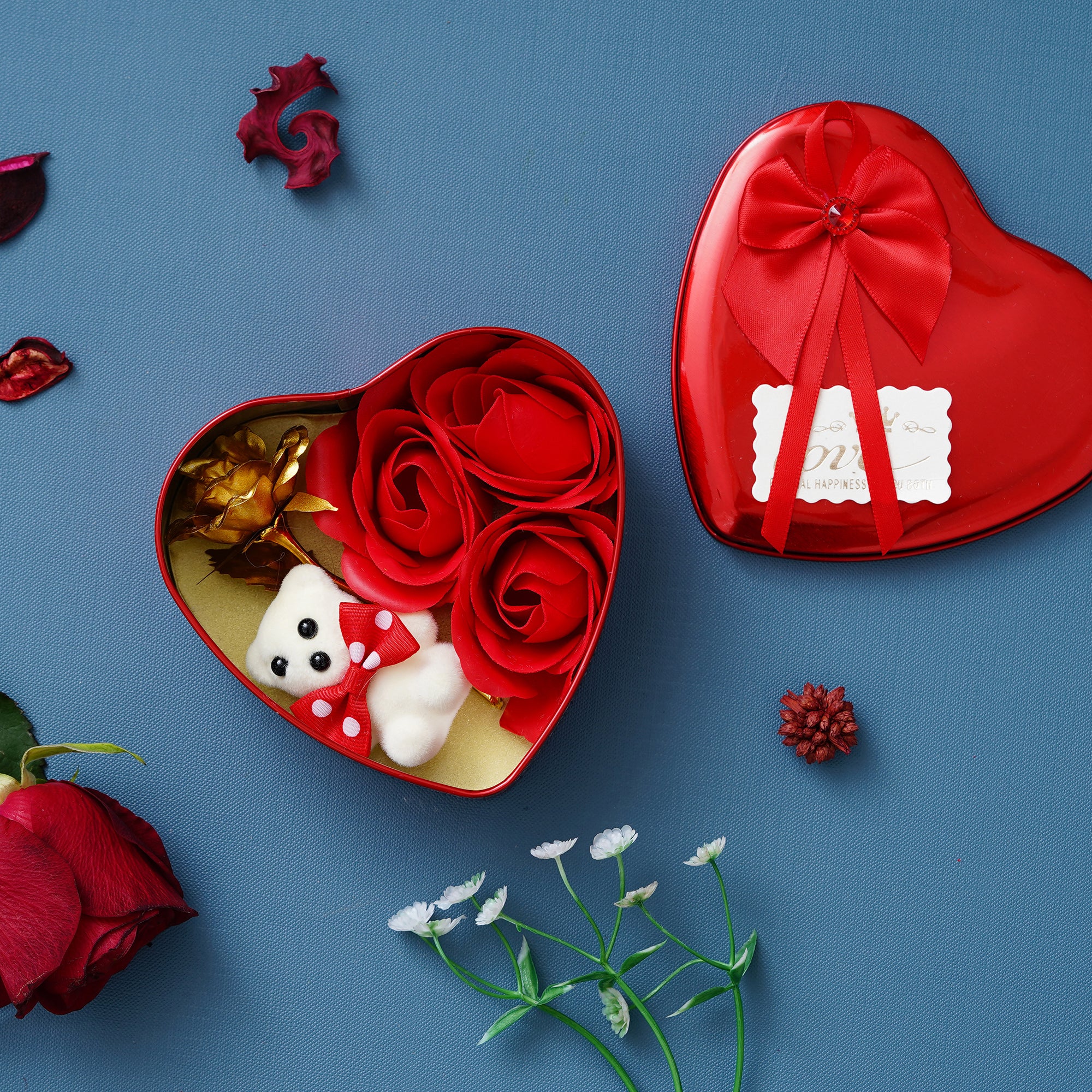 Red Heart Shaped Gift Box with 3 Red Roses, 1 Teddy Bear and 1 Golden Rose