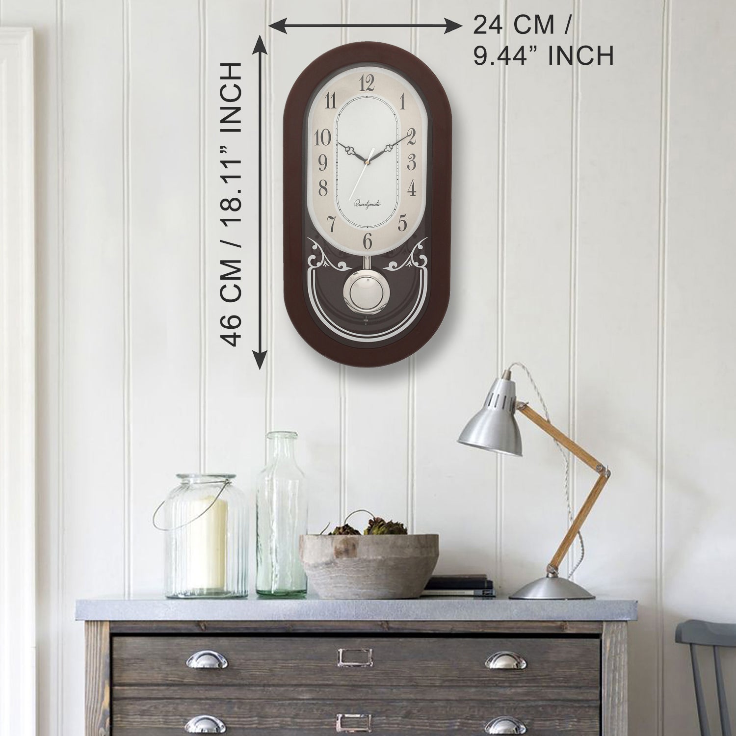 Designer Oval Shape Wooden Pendulum Wall Clock 1