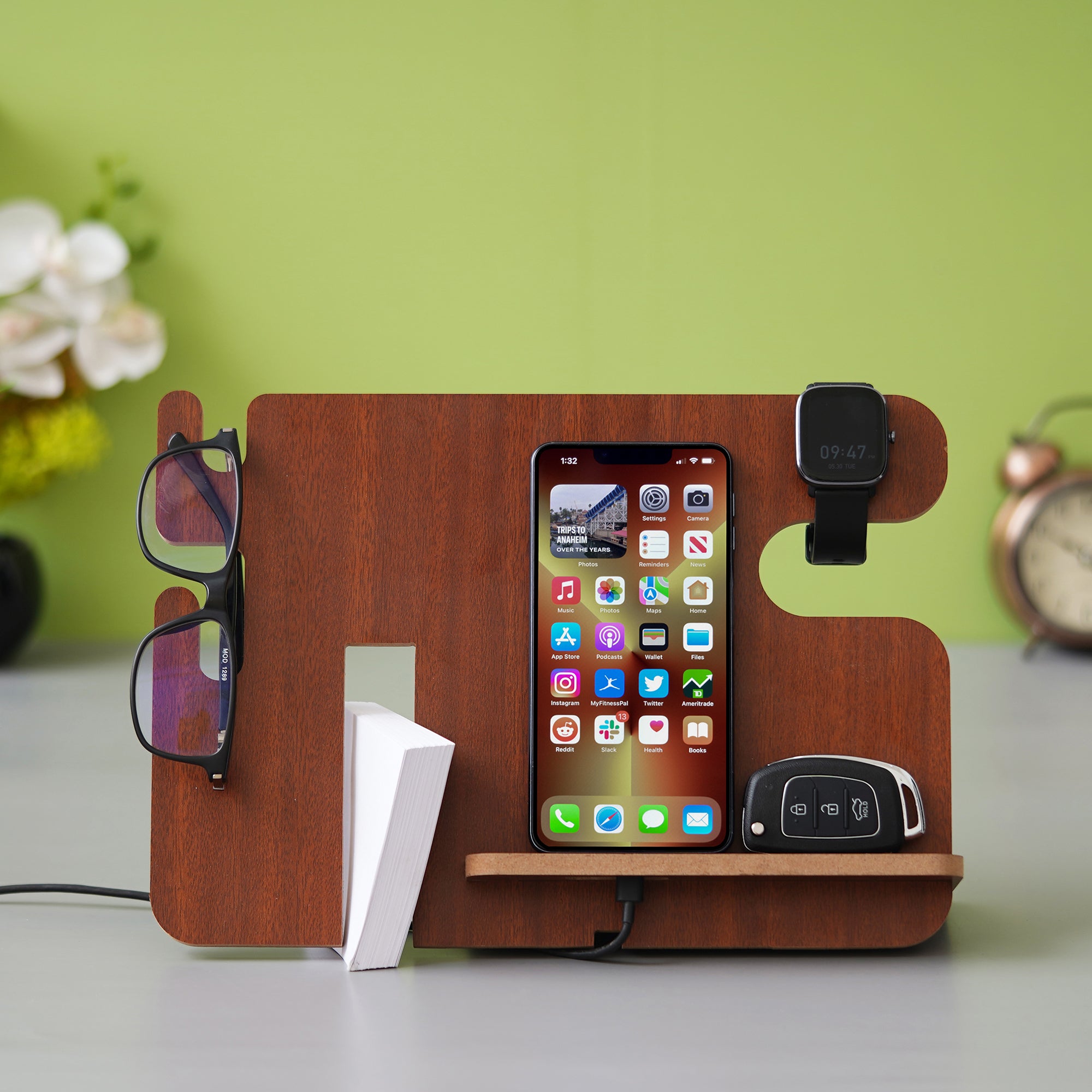 eCraftIndia Brown Wooden Multiutility Mobile, Watch, Specs, Key, Visiting Card Holder Desk Accessory 1