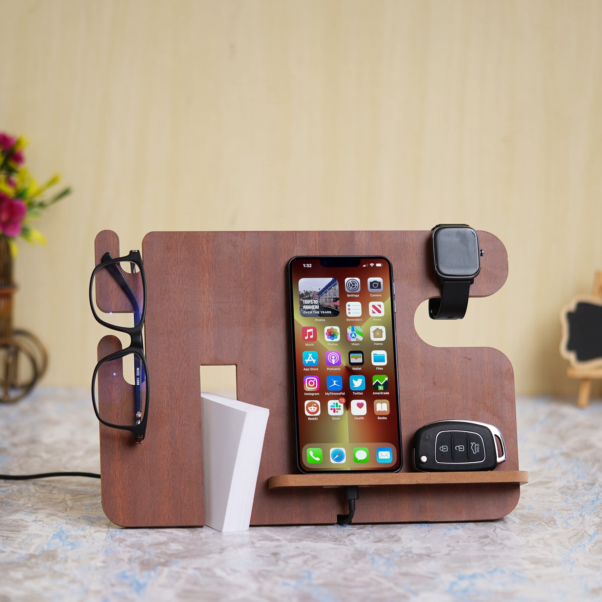 eCraftIndia Brown Wooden Multiutility Mobile, Watch, Specs, Key, Visiting Card Holder Desk Accessory 4