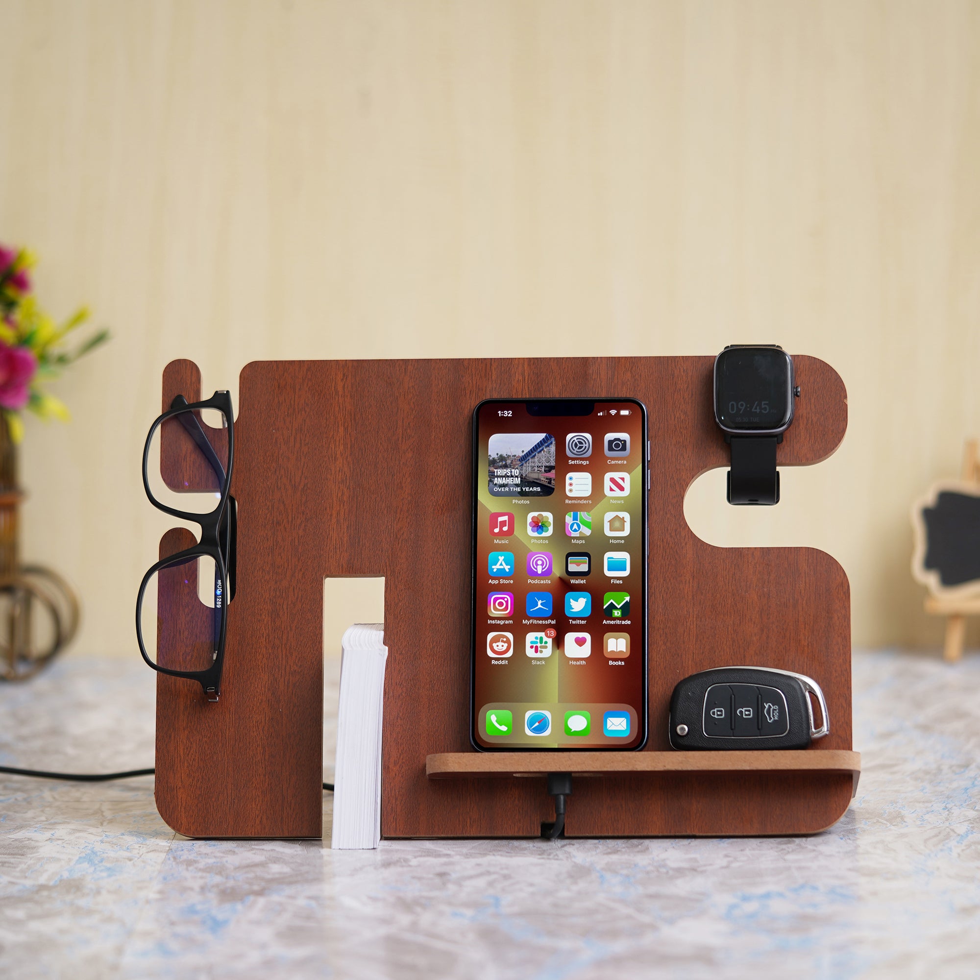 eCraftIndia Brown Wooden Multiutility Mobile, Watch, Specs, Key, Visiting Card Holder Desk Accessory 5