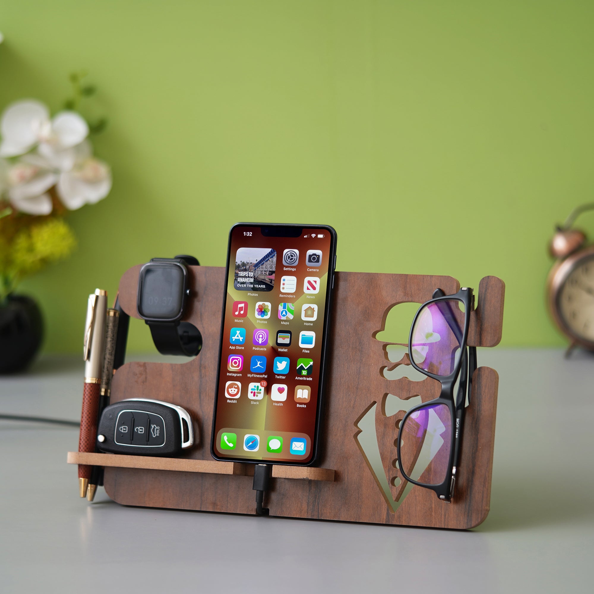 eCraftIndia Brown Wooden Multiutility Mobile, Watch, Specs, Key, Holder Desk Accessory