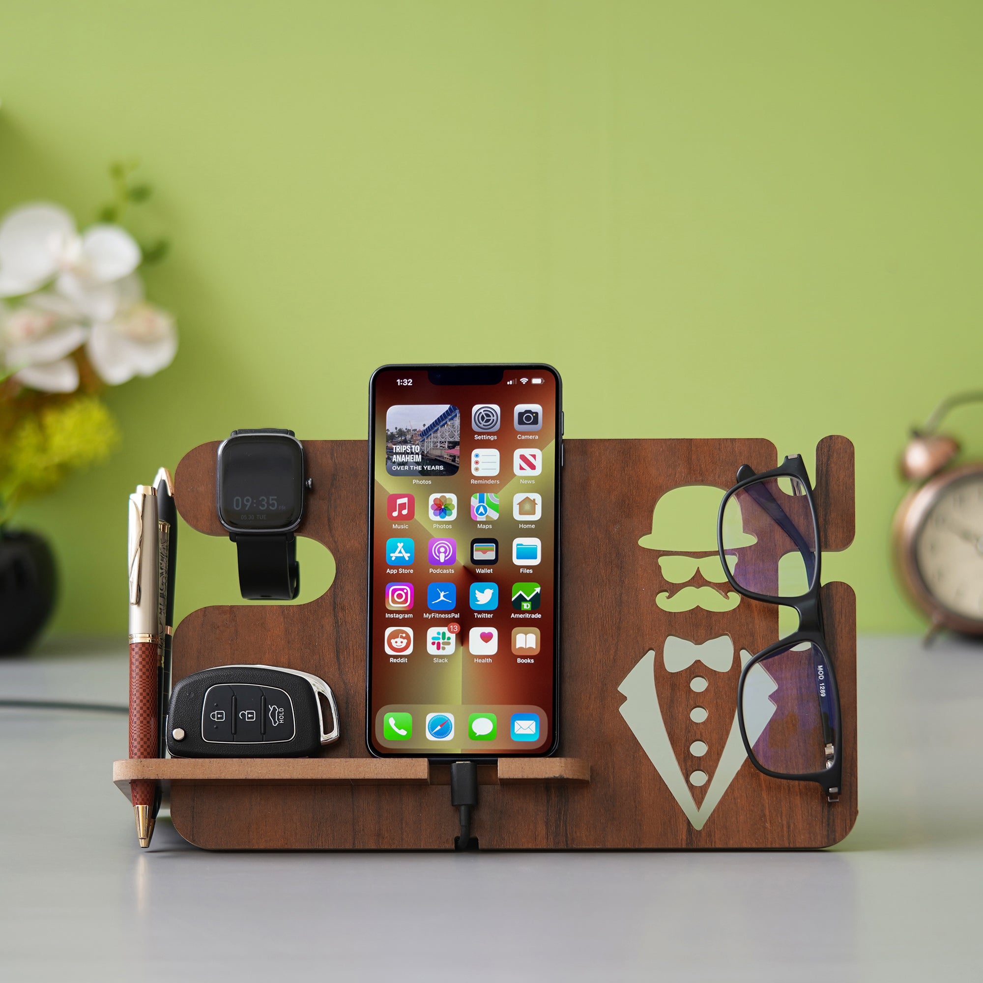 eCraftIndia Brown Wooden Multiutility Mobile, Watch, Specs, Key, Holder Desk Accessory 1