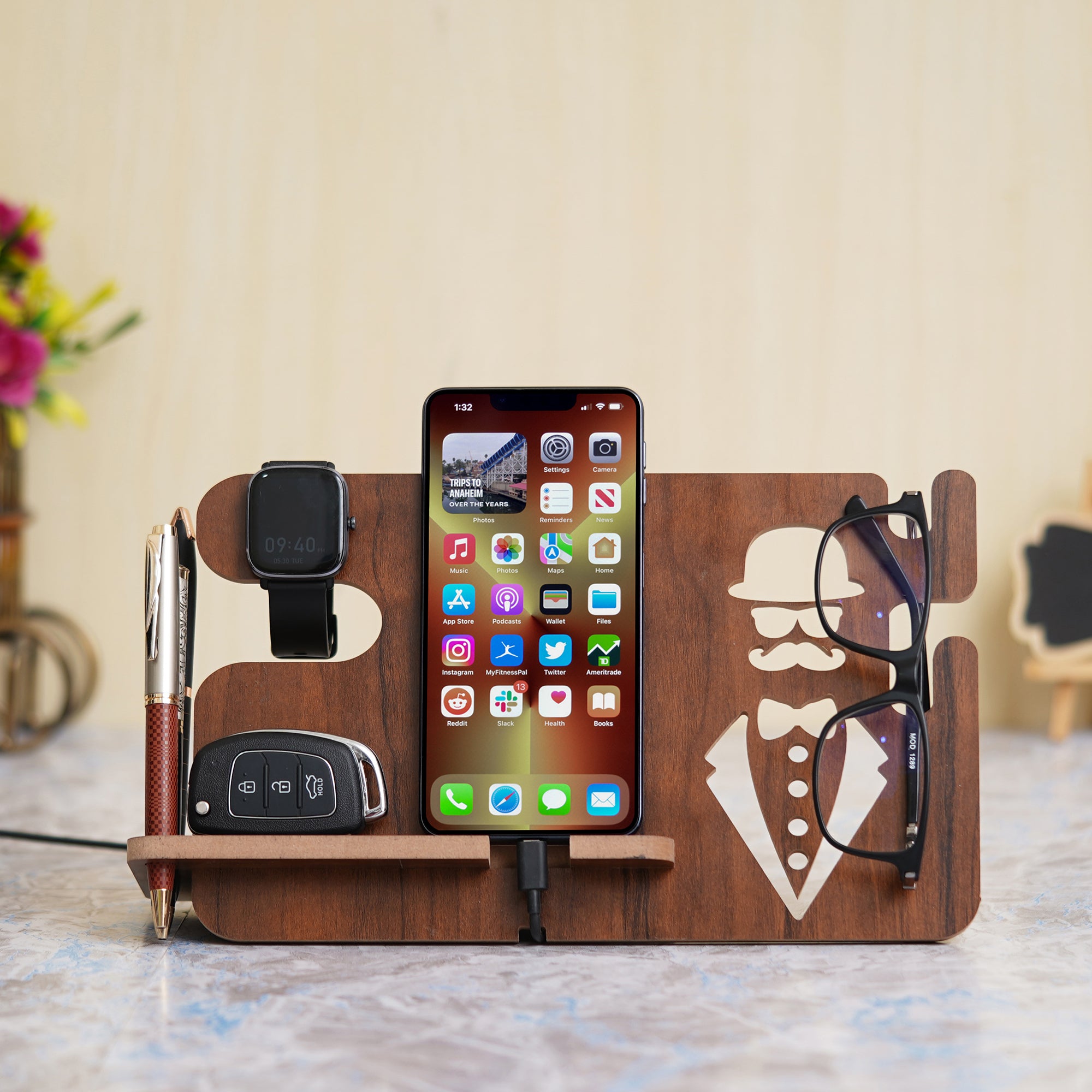 eCraftIndia Brown Wooden Multiutility Mobile, Watch, Specs, Key, Holder Desk Accessory 5