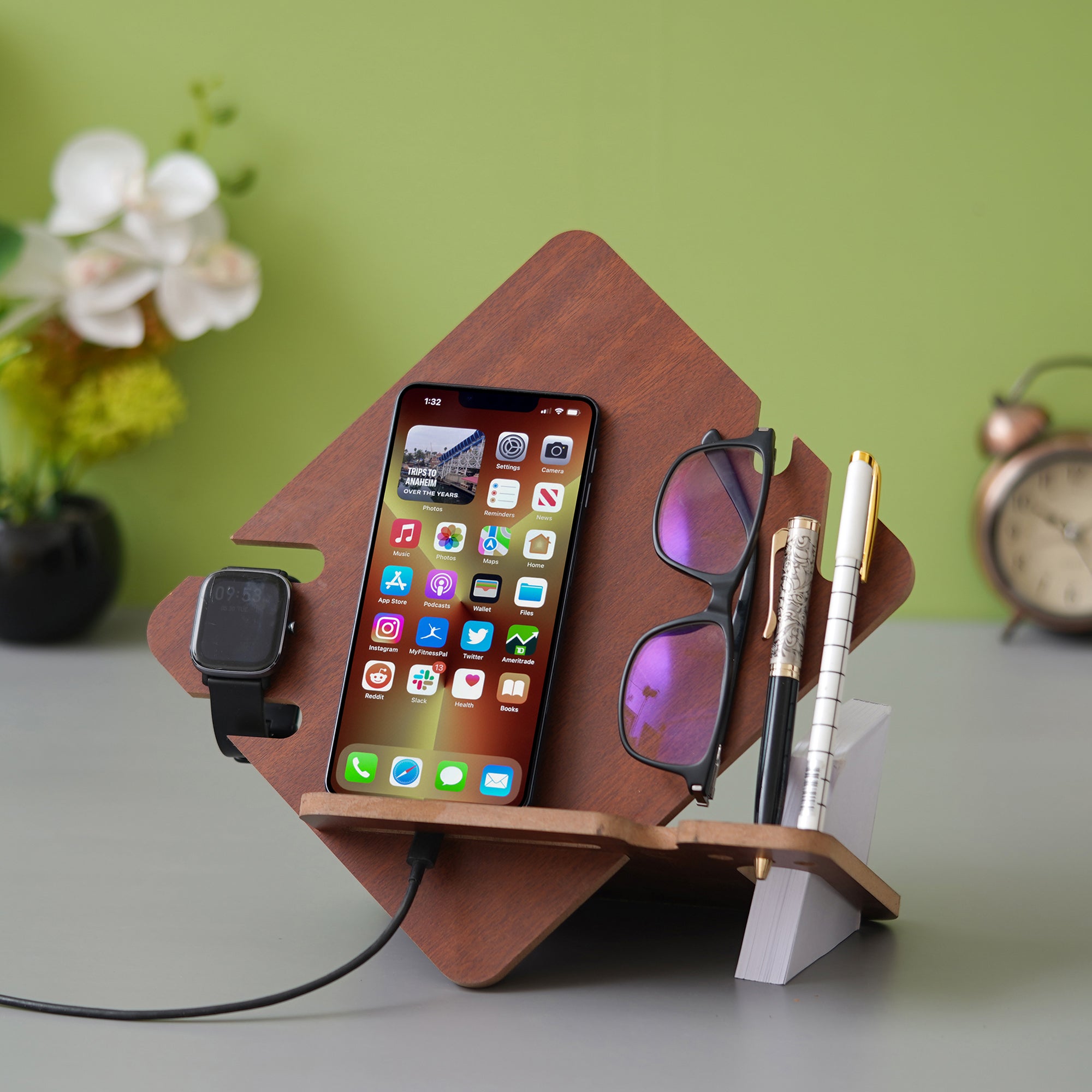 eCraftIndia Brown Wooden Multiutility Mobile, Watch, Specs, Pen, Visiting Card Holder Desk Accessory