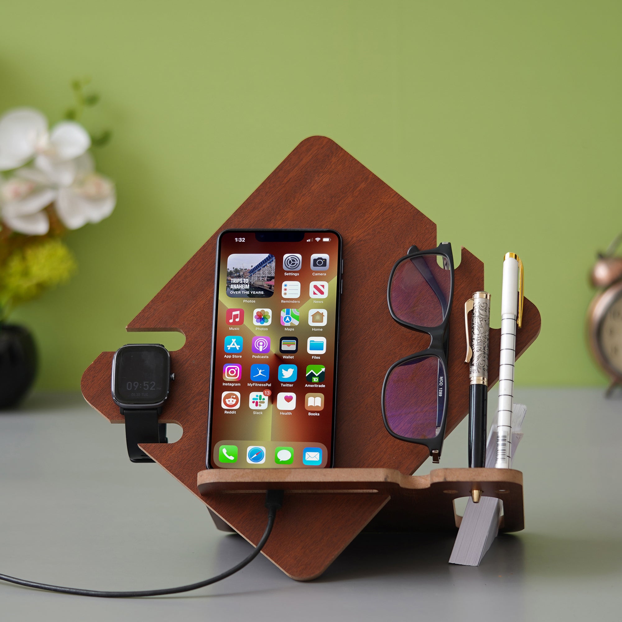 eCraftIndia Brown Wooden Multiutility Mobile, Watch, Specs, Pen, Visiting Card Holder Desk Accessory 1