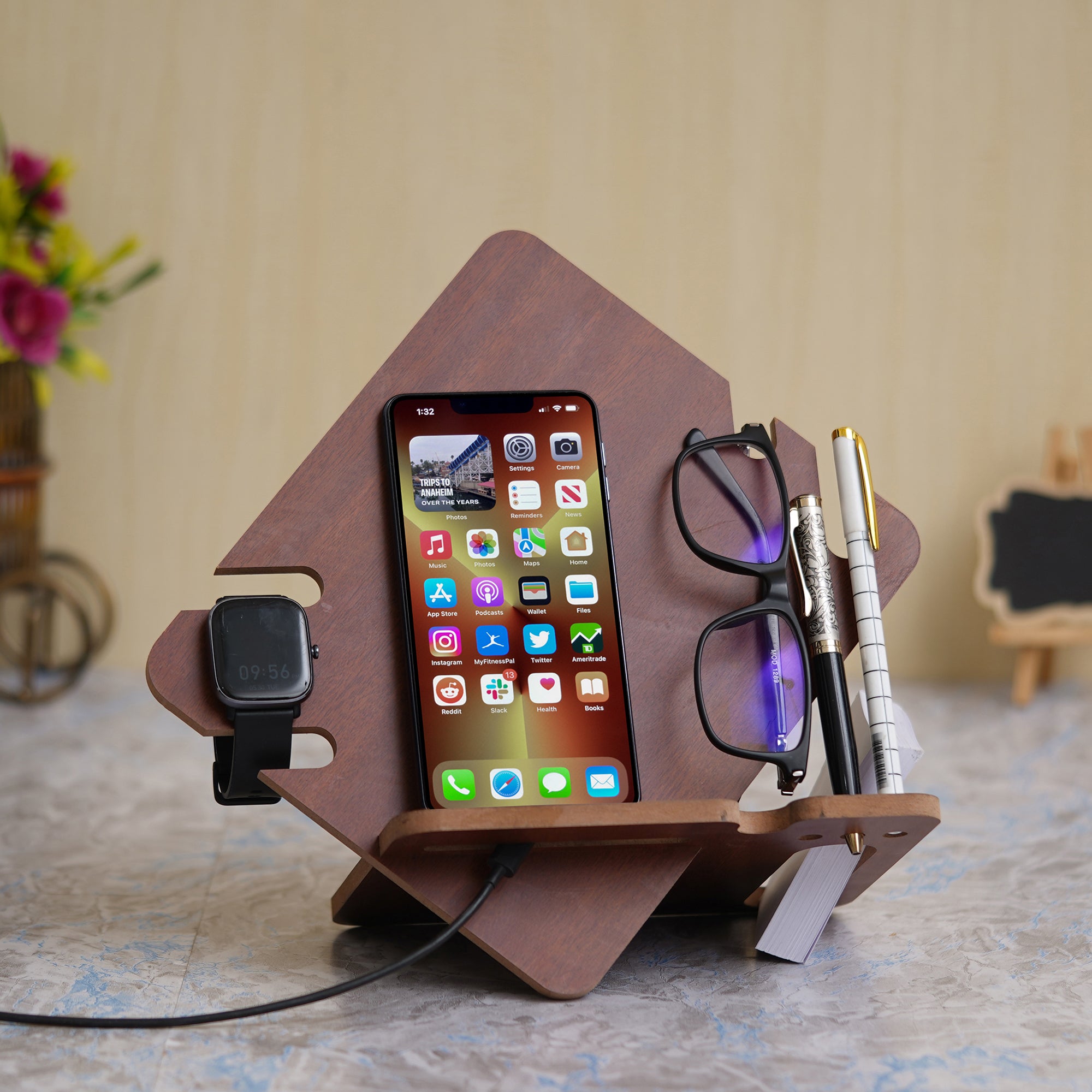eCraftIndia Brown Wooden Multiutility Mobile, Watch, Specs, Pen, Visiting Card Holder Desk Accessory 4