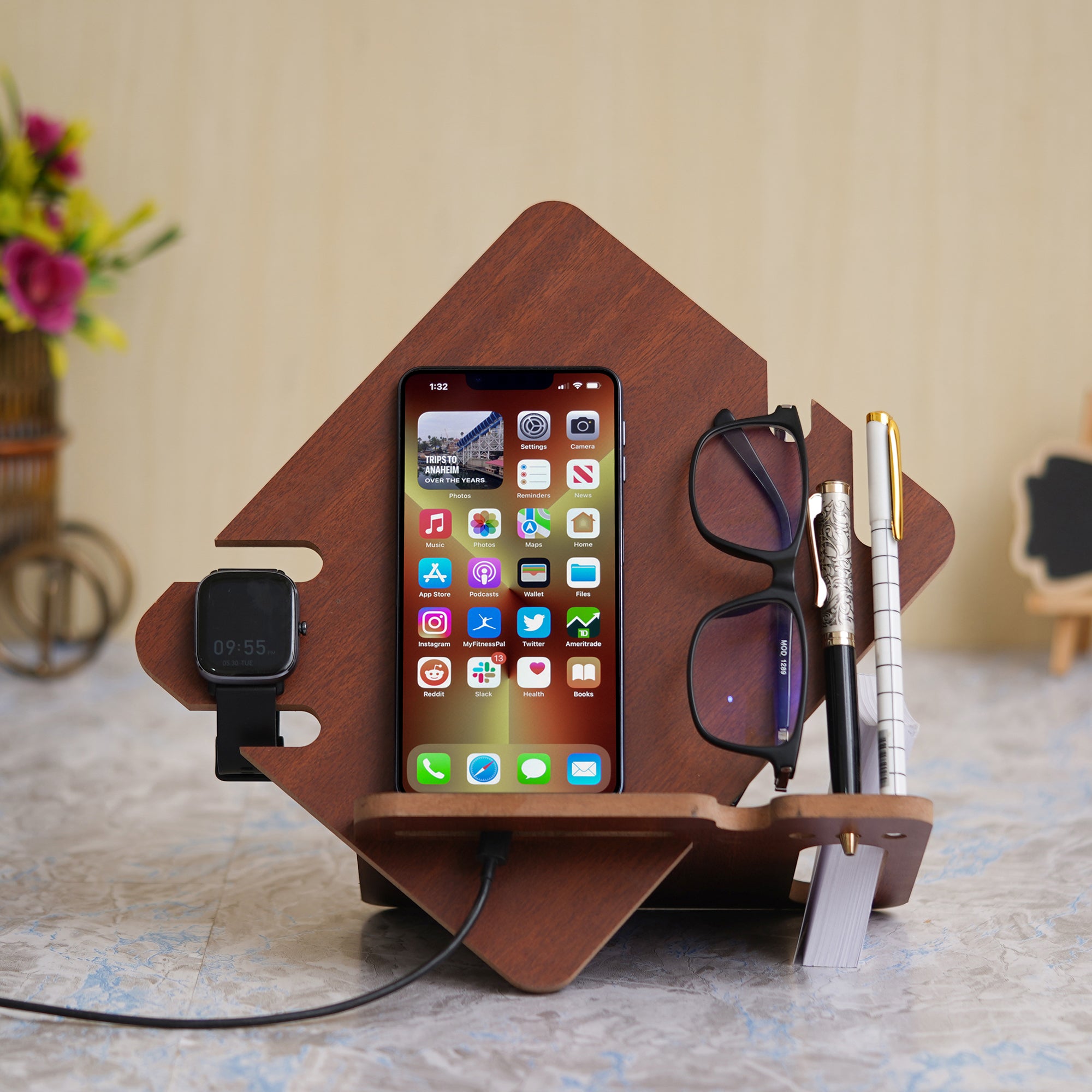 eCraftIndia Brown Wooden Multiutility Mobile, Watch, Specs, Pen, Visiting Card Holder Desk Accessory 5