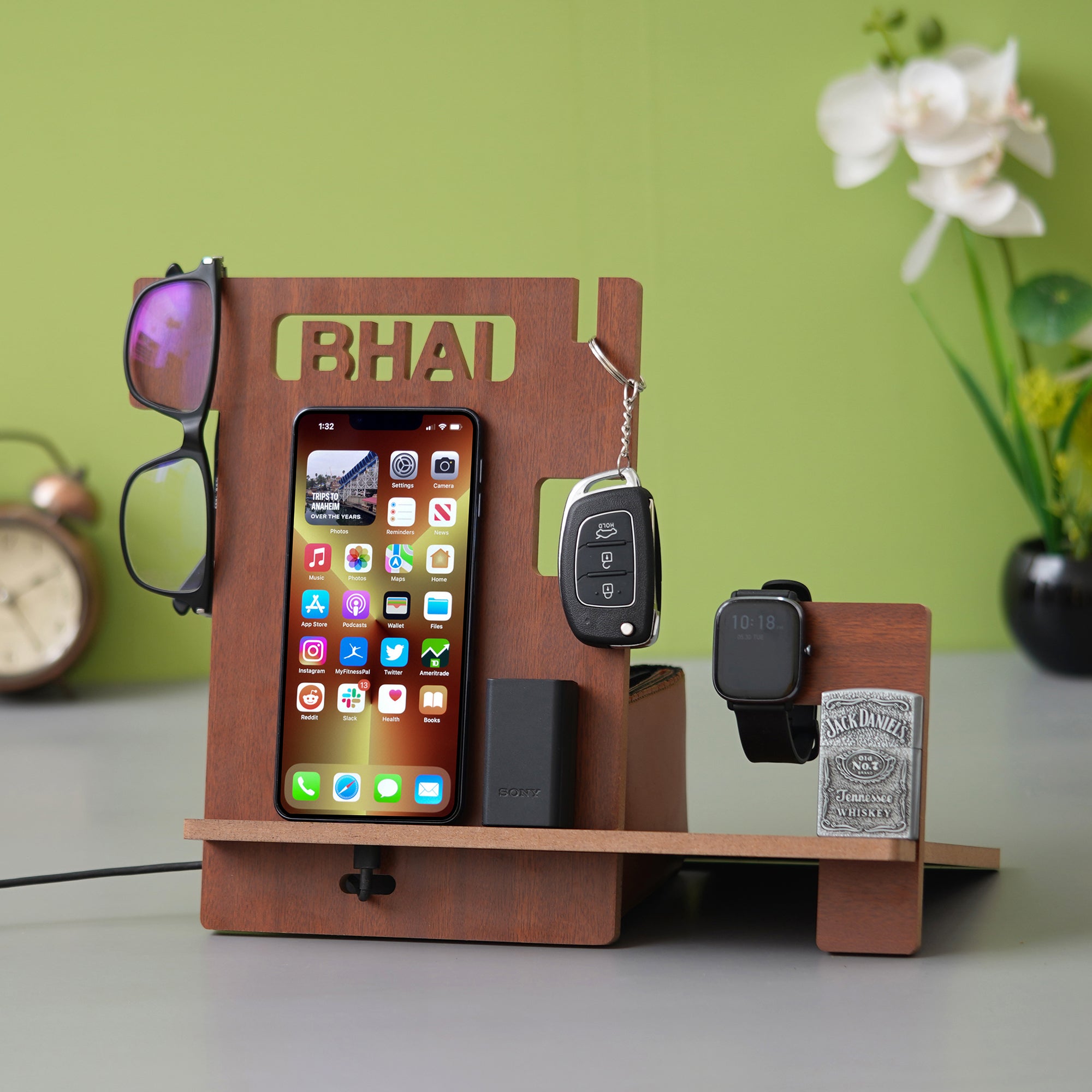 eCraftIndia Brown Wooden "BHAI" Multiutility Desk Organizer: Mobile, Watch, Specs, Pen, Key Holder Decorative Accessory