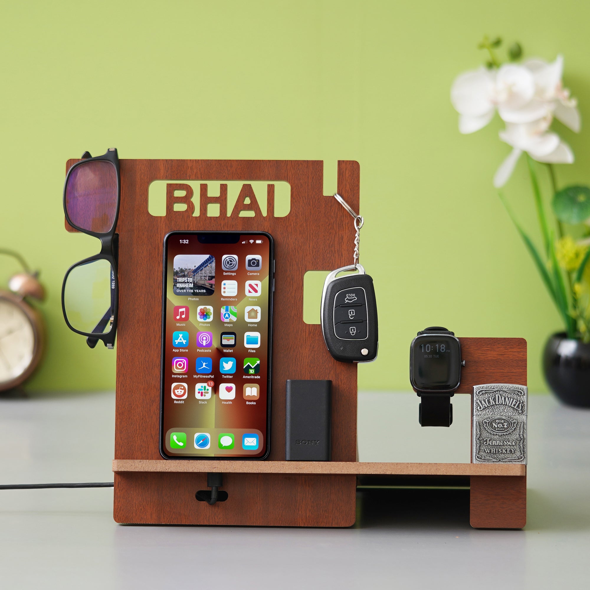 eCraftIndia Brown Wooden "BHAI" Multiutility Desk Organizer: Mobile, Watch, Specs, Pen, Key Holder Decorative Accessory 1