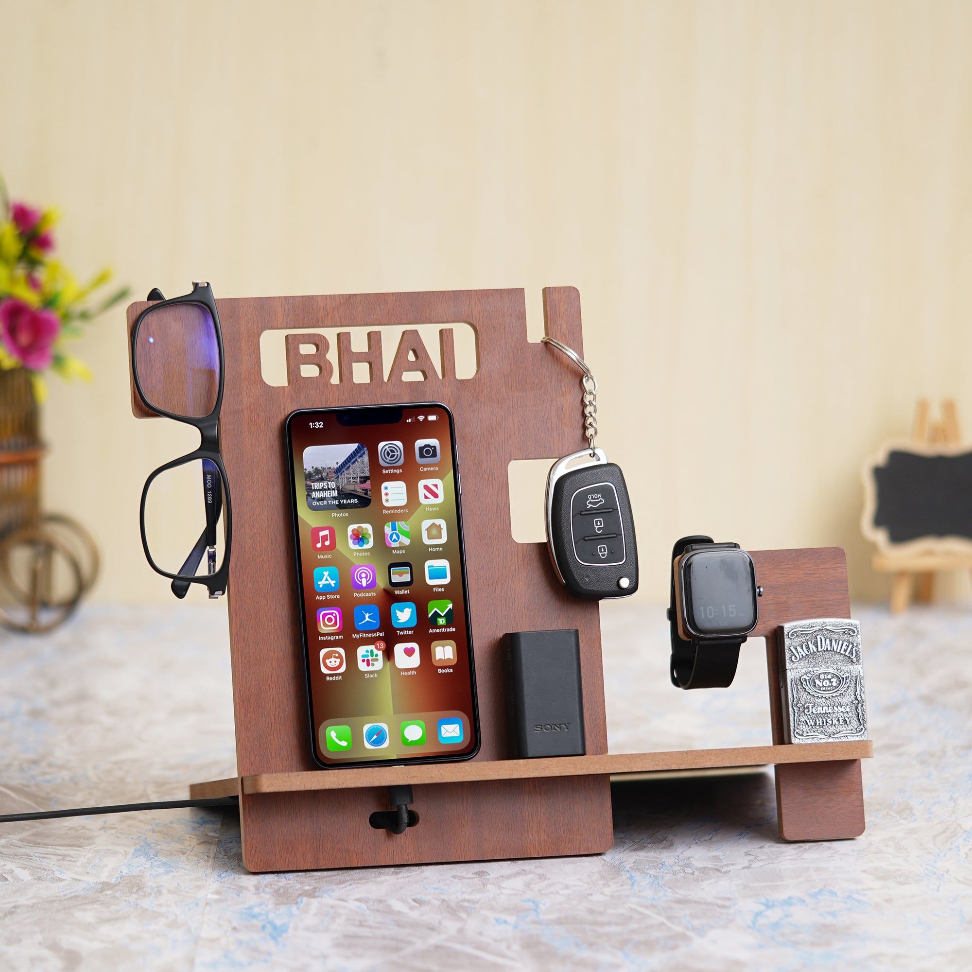 eCraftIndia Brown Wooden "BHAI" Multiutility Desk Organizer: Mobile, Watch, Specs, Pen, Key Holder Decorative Accessory 4