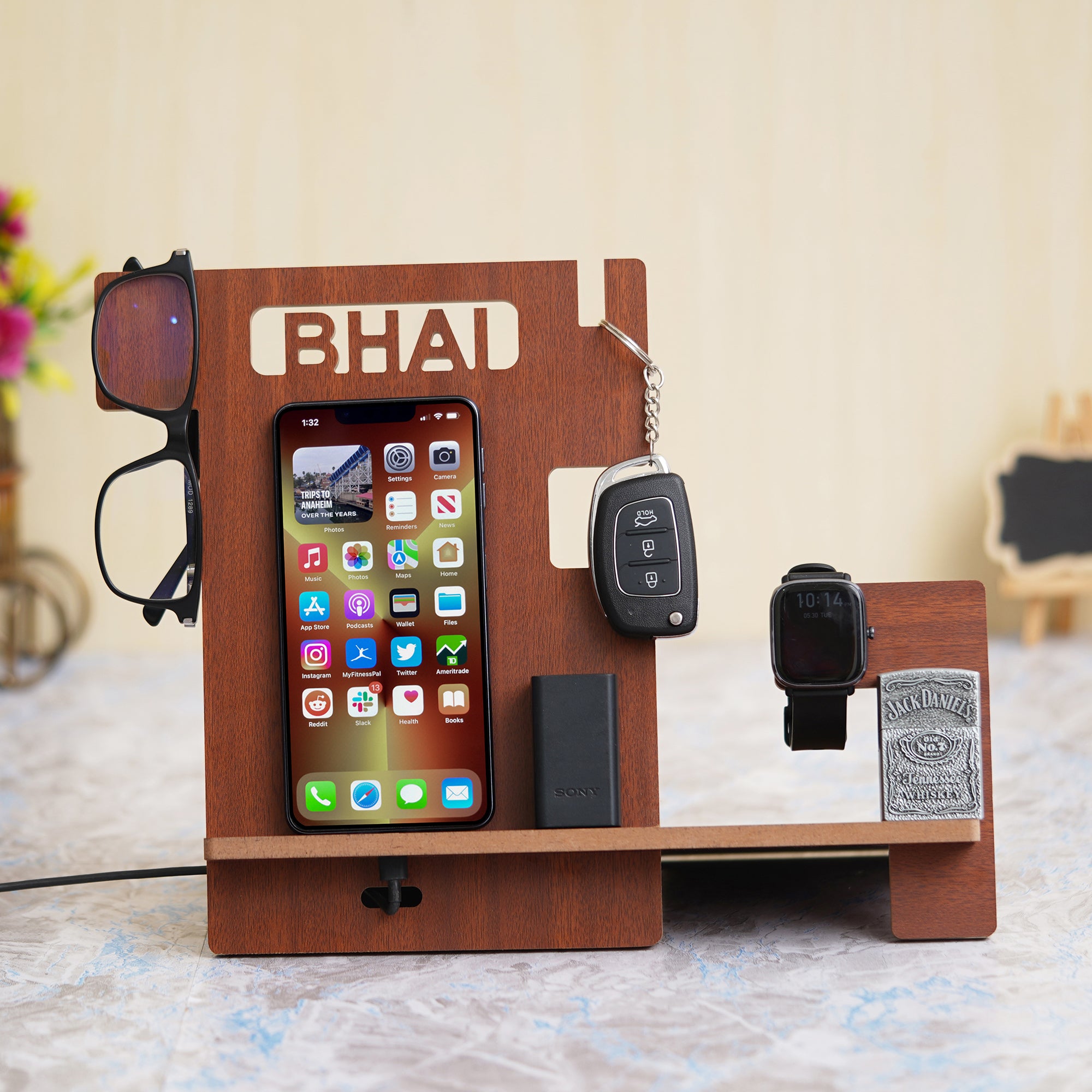 eCraftIndia Brown Wooden "BHAI" Multiutility Desk Organizer: Mobile, Watch, Specs, Pen, Key Holder Decorative Accessory 5