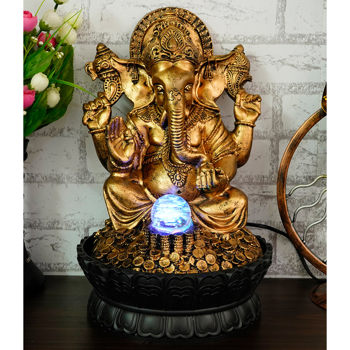 Lord Ganesha Black and Gold Decorative Polystone Water Fountain With Light 1
