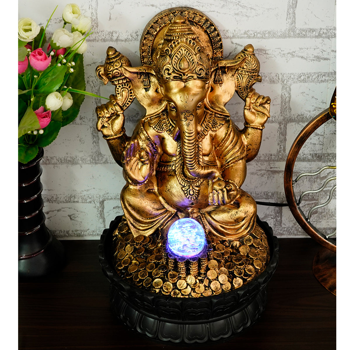 Lord Ganesha Black and Gold Decorative Polystone Water Fountain With Light
