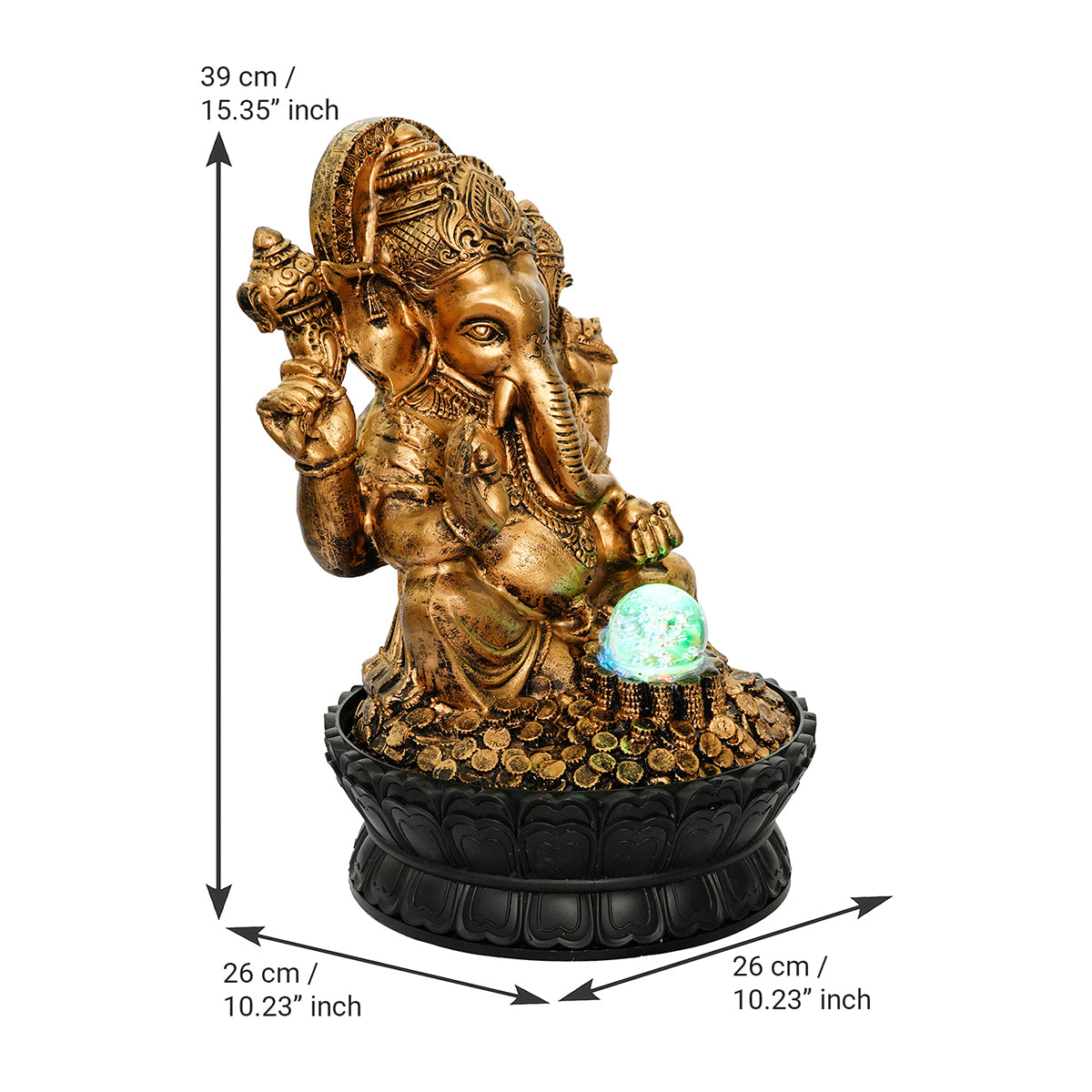Lord Ganesha Black and Gold Decorative Polystone Water Fountain With Light 3