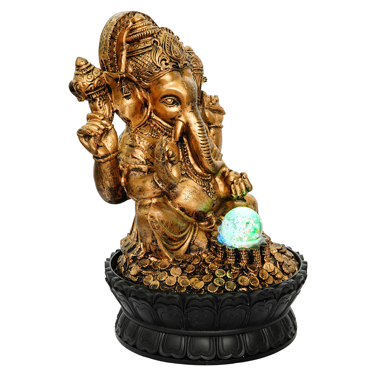 Lord Ganesha Black and Gold Decorative Polystone Water Fountain With Light 4