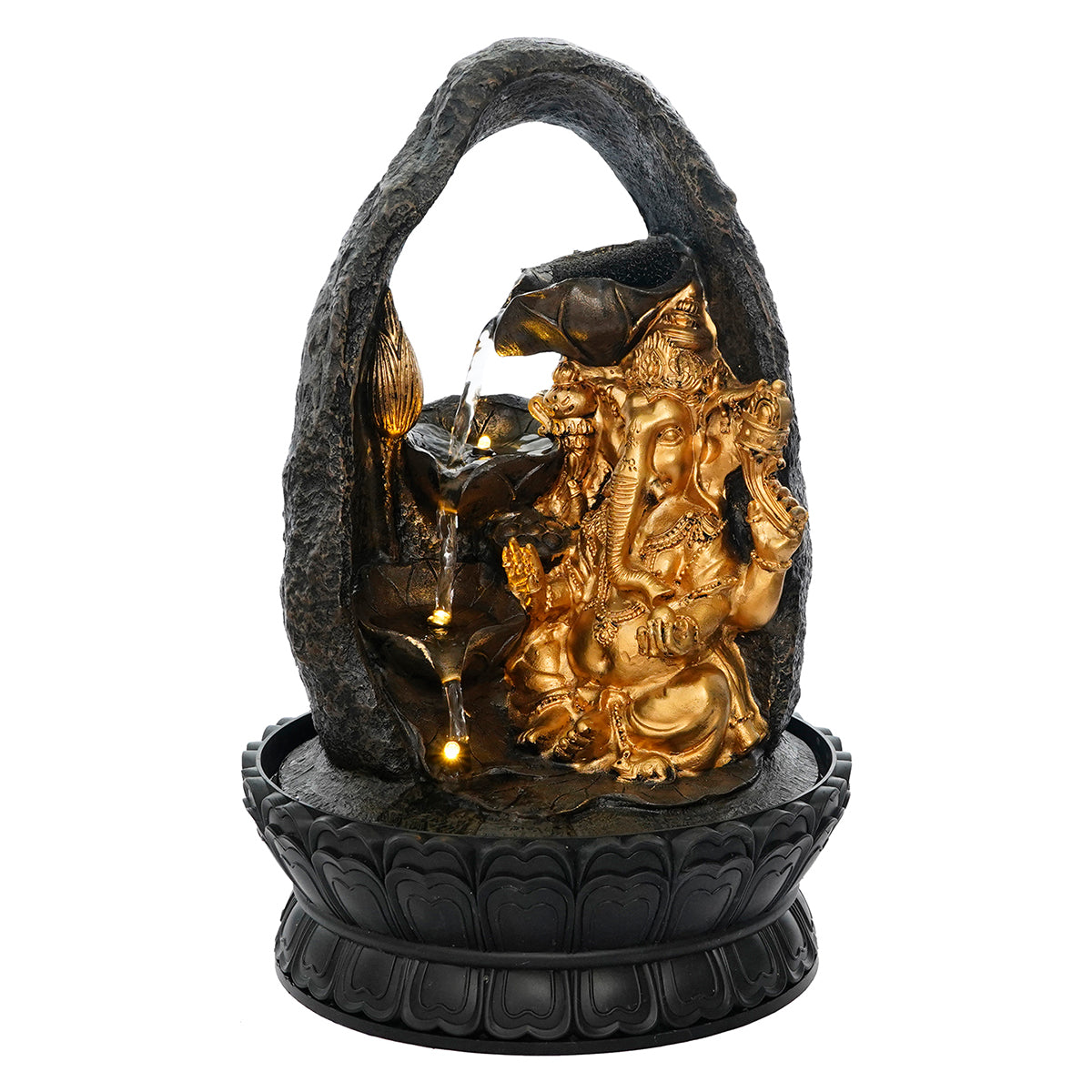 Polystone Black and Golden Decorative Lord Ganesha Idol Water Fountain With Light For Home/Office Décor 1