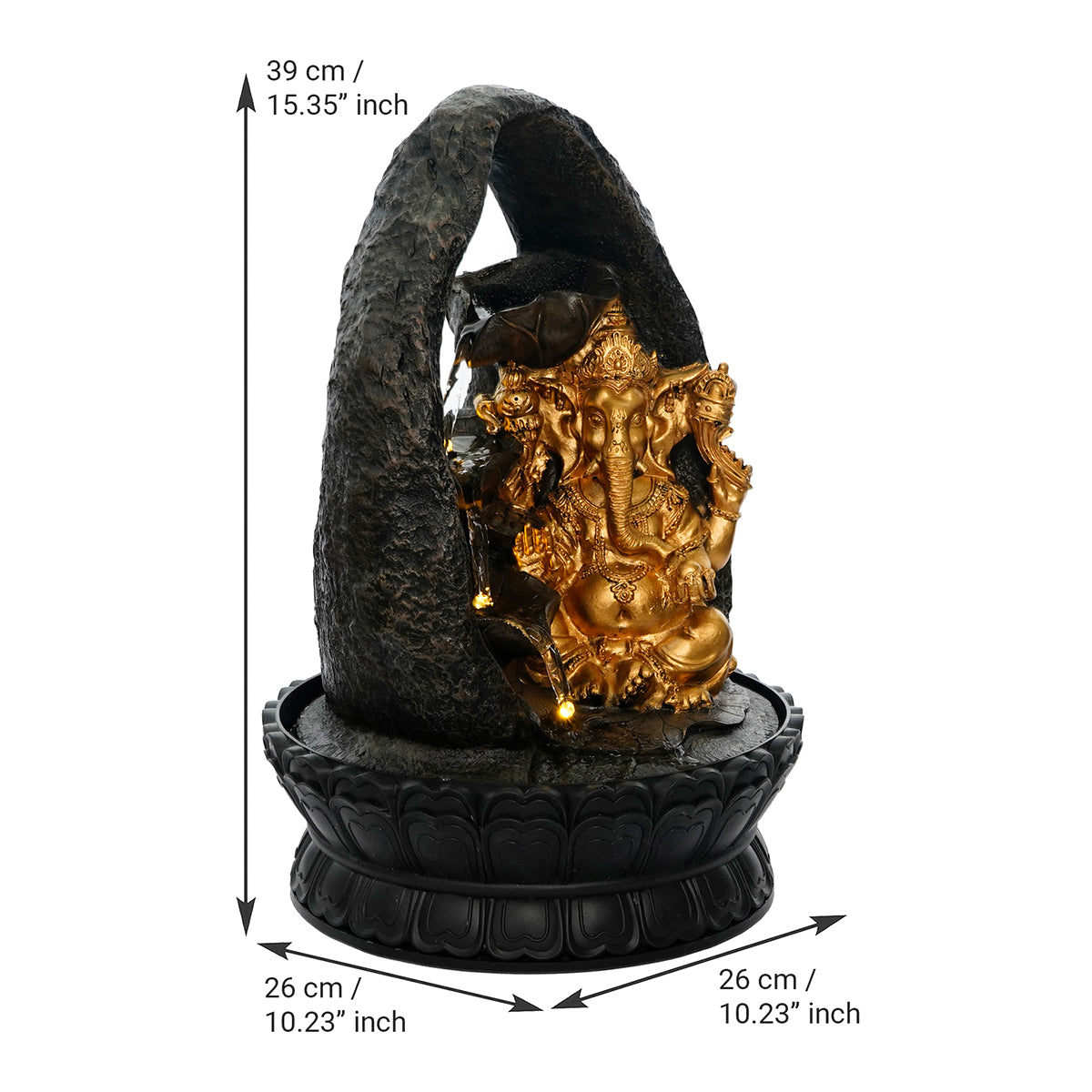 Polystone Black and Golden Decorative Lord Ganesha Idol Water Fountain With Light For Home/Office Décor 2