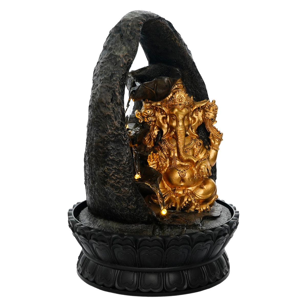 Polystone Black and Golden Decorative Lord Ganesha Idol Water Fountain With Light For Home/Office Décor 3