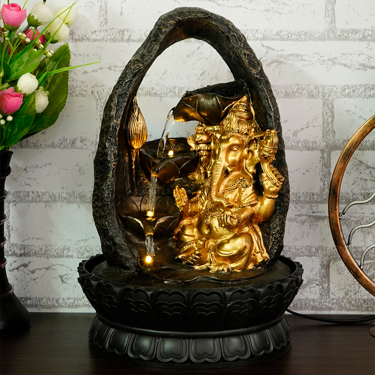 Polystone Black and Golden Decorative Lord Ganesha Idol Water Fountain With Light For Home/Office Décor 5