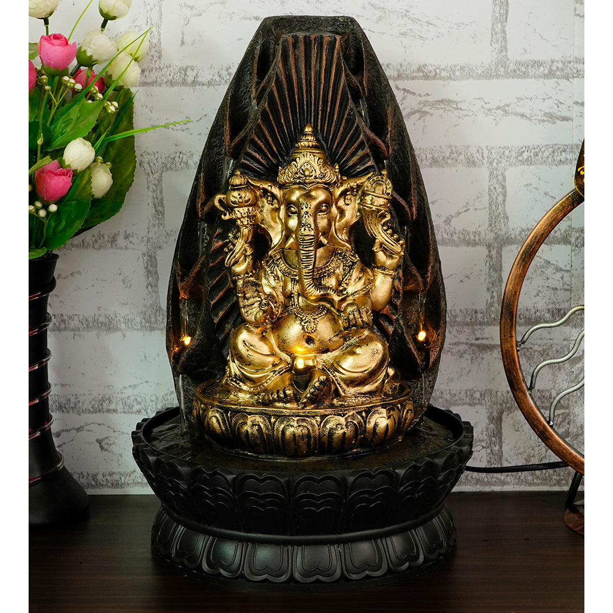 Lord Ganesha Black and Gold Decorative Polystone Water Fountain