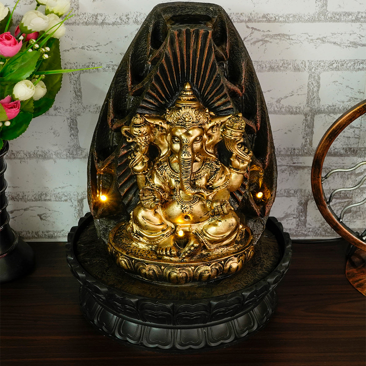 Lord Ganesha Black and Gold Decorative Polystone Water Fountain 4