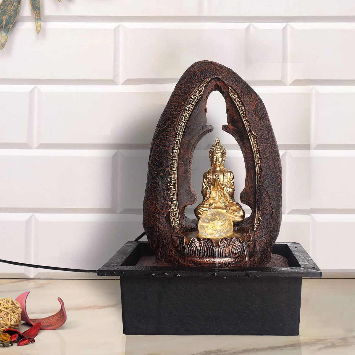 Lord Buddha Black and Gold Polystone Water Fountain