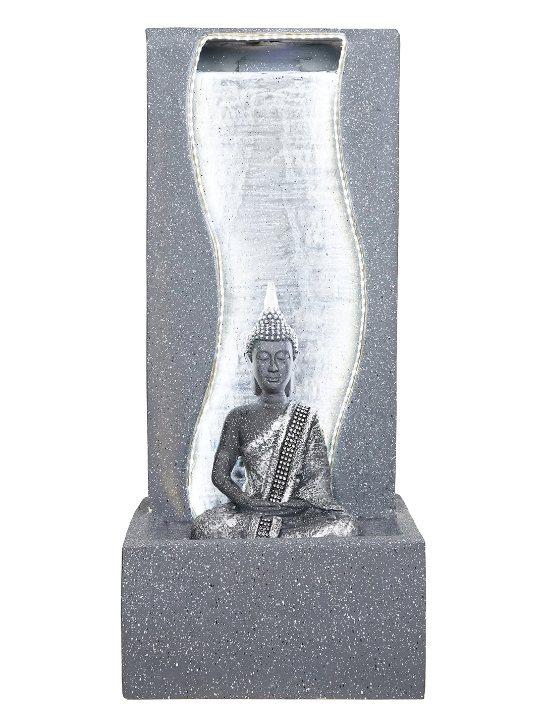 Polystone Decorative Grey Lord Buddha Statue Water Fountain Showpiece with LED Light Effect 1