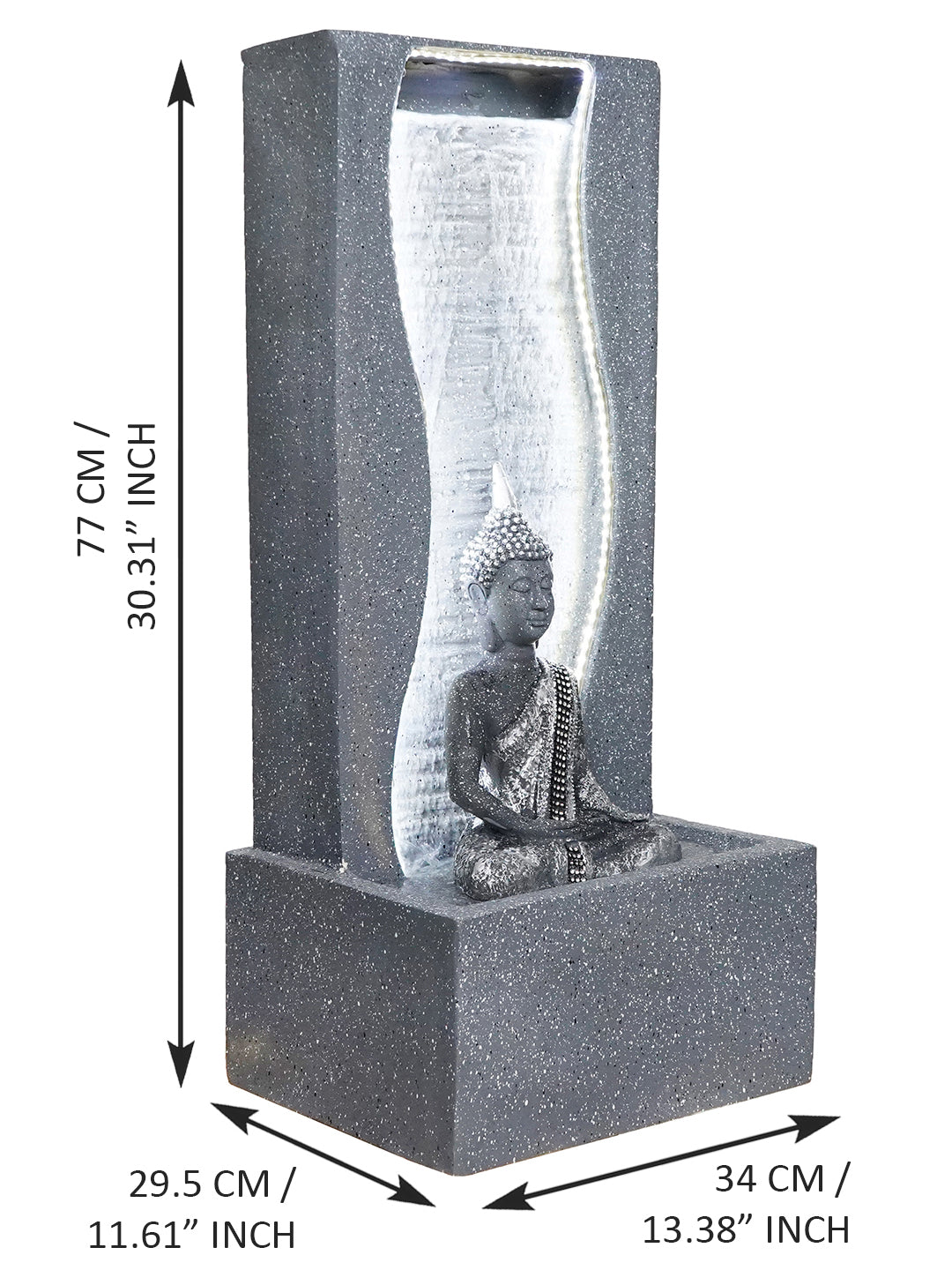 Polystone Decorative Grey Lord Buddha Statue Water Fountain Showpiece with LED Light Effect 2