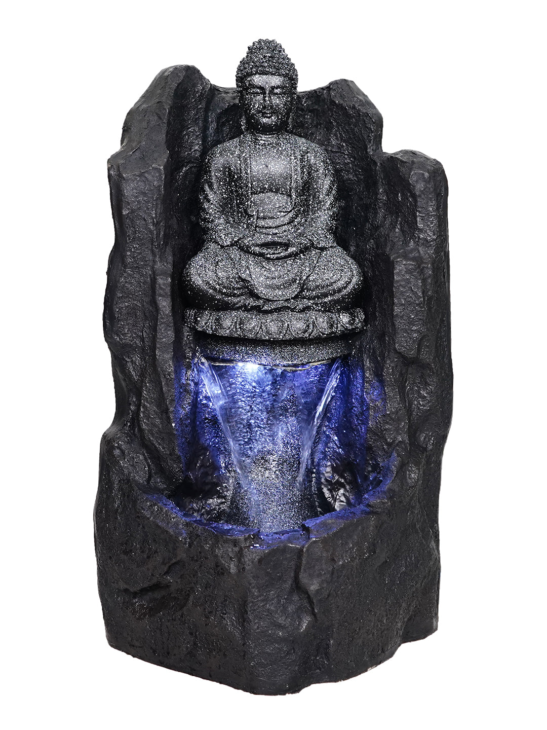 Black Polyresin Indoor Buddha Water Fountain With LED Light for Home/Living Room/Hall/Office Décor