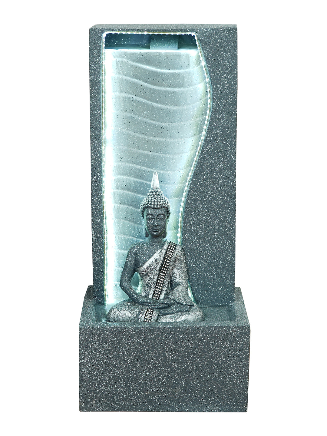Polystone Grey Meditating Buddha Water Fountain with LED Light Effects and Water Pump for Home/Office/Garden/Indoor Decor 1